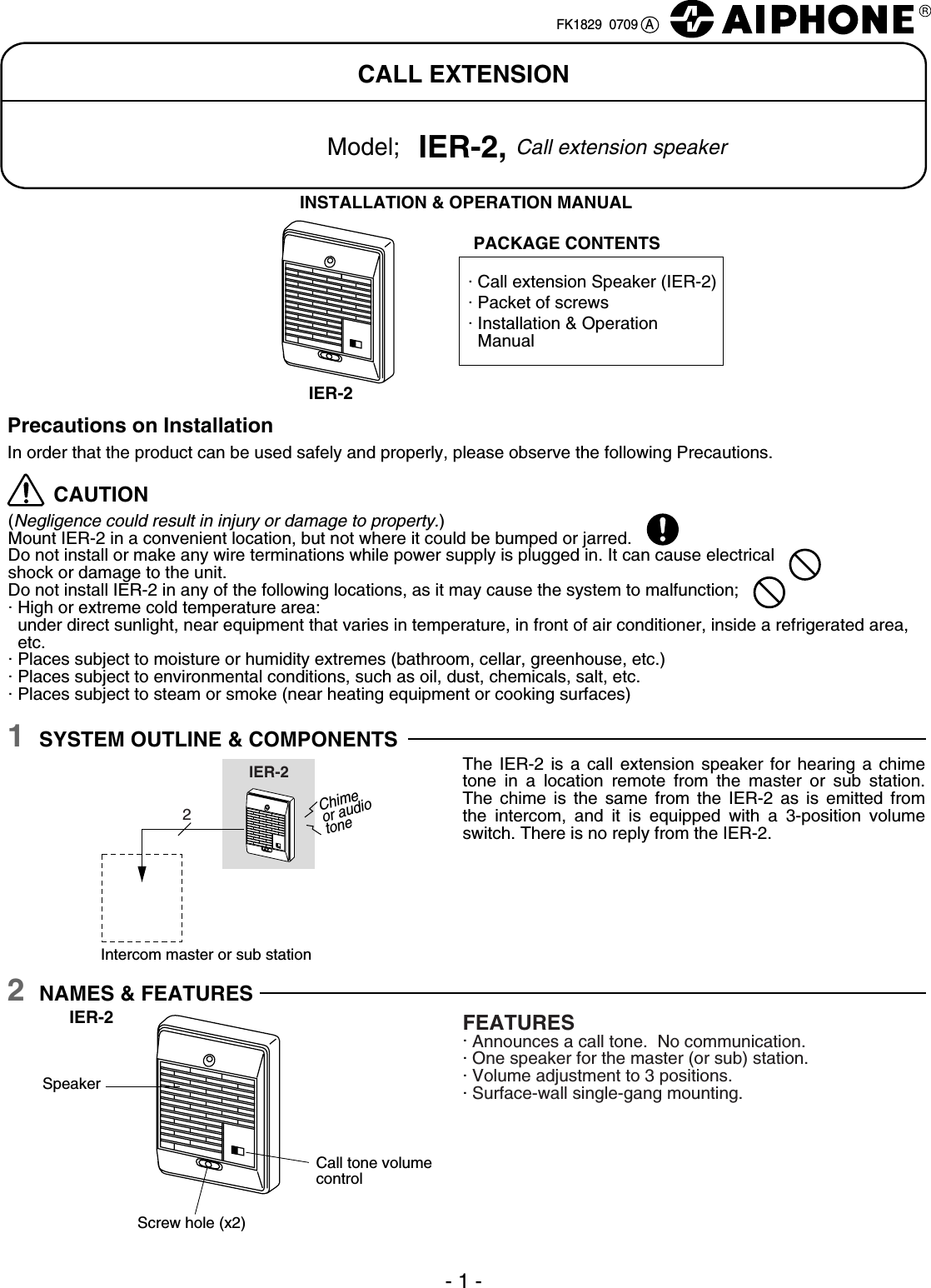 Page 1 of 2 - Aiphone IER-2‘oŠÍ IER-2 Installation And Operation Manual IER-2-Instr