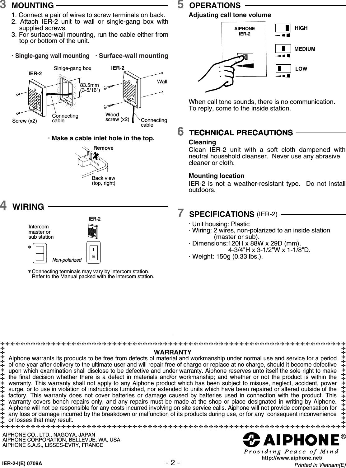 Page 2 of 2 - Aiphone IER-2‘oŠÍ IER-2 Installation And Operation Manual IER-2-Instr