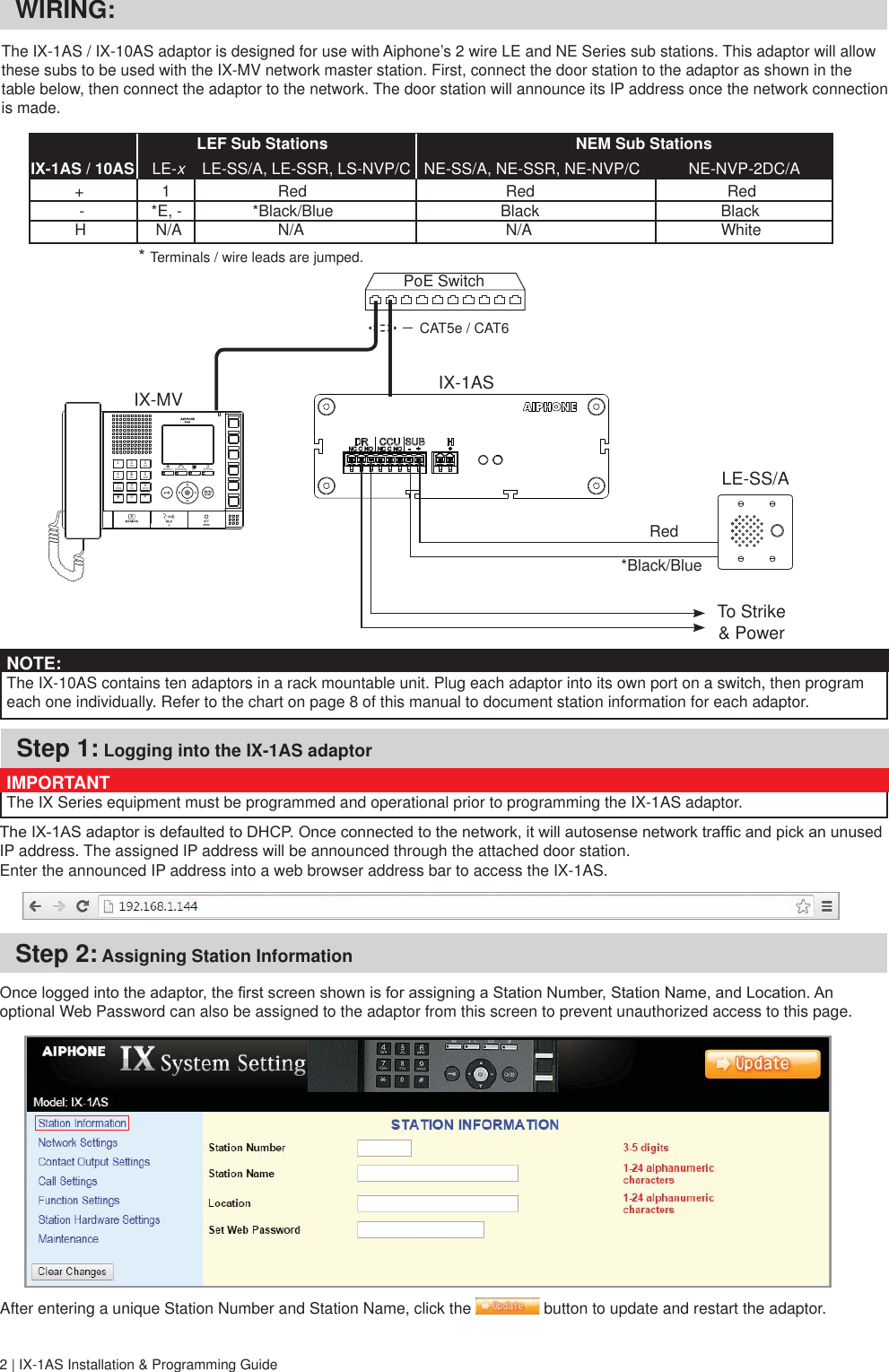 Page 2 of 8 - Aiphone IX-1AS, 10AS Instructions IX-1AS / IX-10AS 2-Wire Network Adaptor IX-1AS-10AS-Instructions