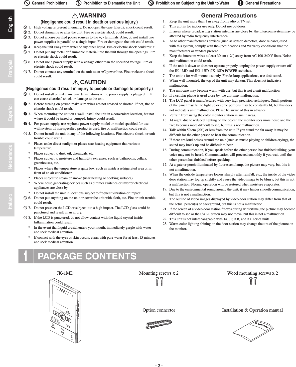Page 2 of 12 - Aiphone JK-1MD_multi.indb JK-1MD Instructions Inst-Op Man