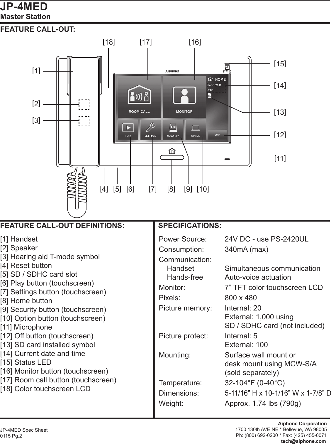 Page 2 of 2 - Aiphone  JP-4MED Master Station Specs JP-4MEDSpec