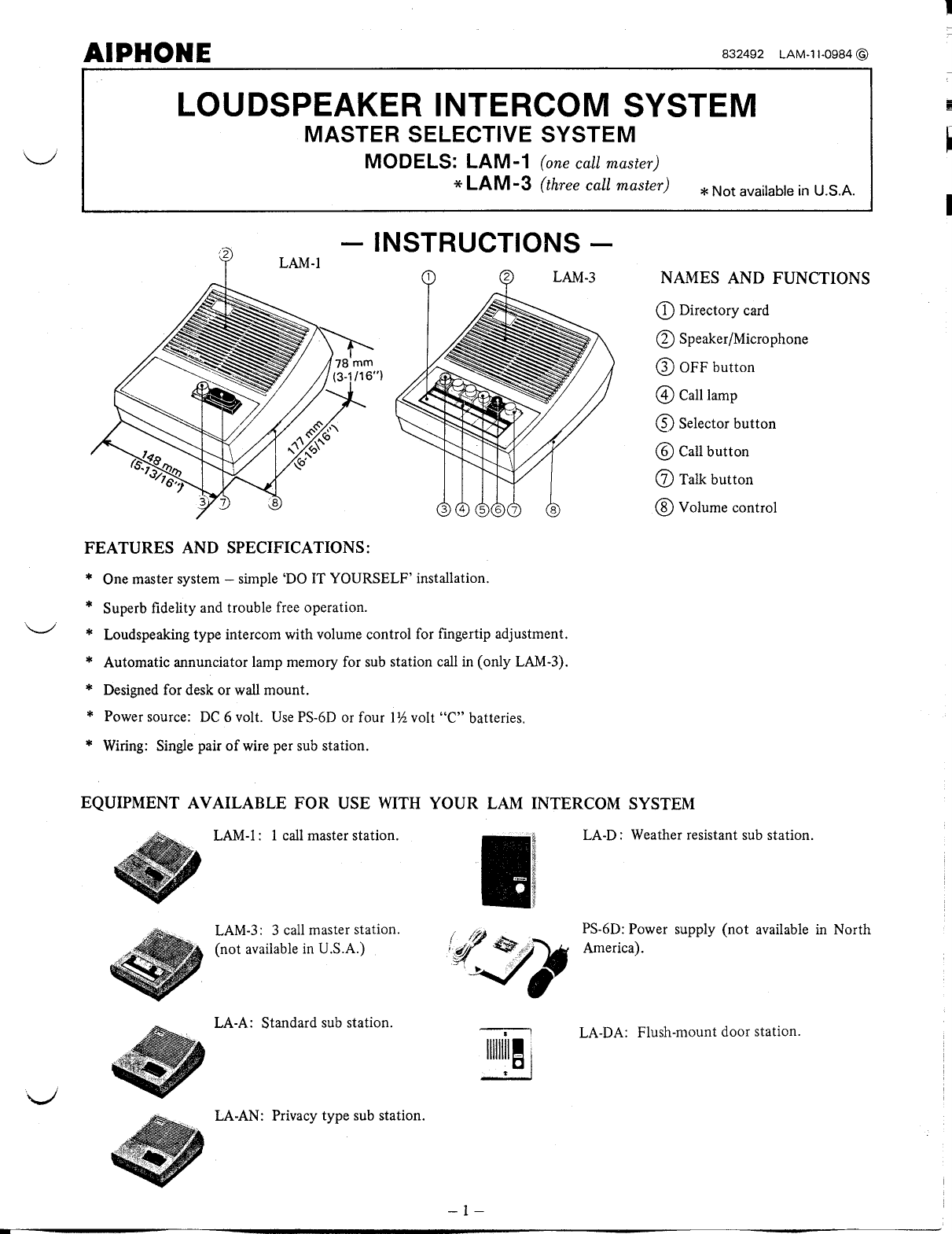 Page 1 of 4 - Aiphone LAM-3 User Manual  To The 93676d8d-2ada-44b3-90bc-8764d76a7e35