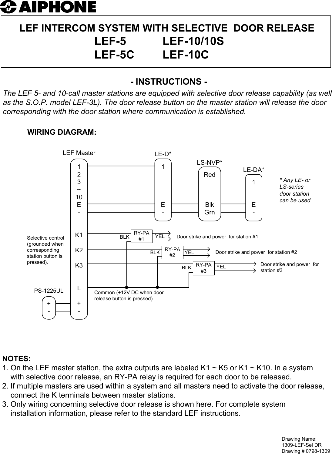 Page 2 of 2 - Aiphone Sheet LEF-1309 Selective Door Release LEF-1309-Selective-Release