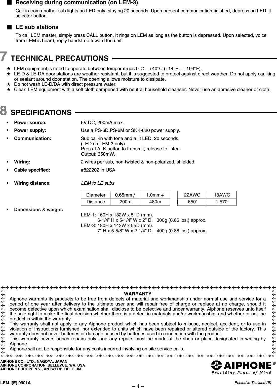 Page 4 of 4 - Aiphone LEM-1 And LEM-3 Master Selective Intercom Instructions LEM-13Instr0901