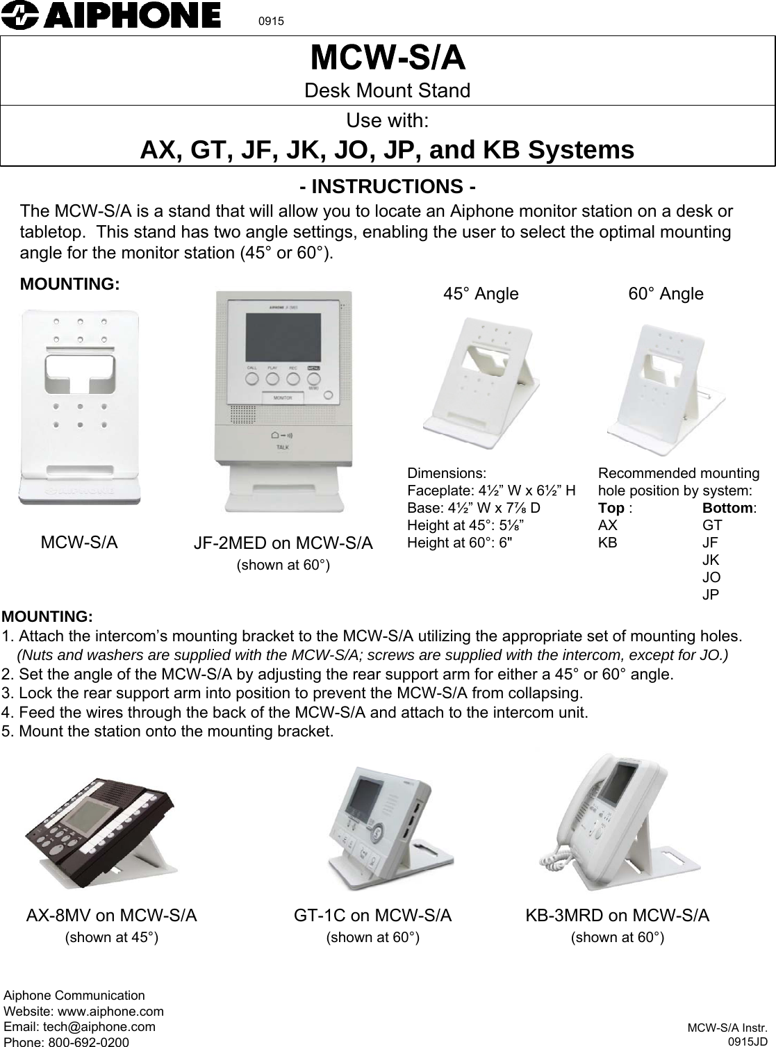 Page 1 of 1 - Aiphone Visio-MCW-SA Instr MCW-S/A Instructions MCW-SA-Instr
