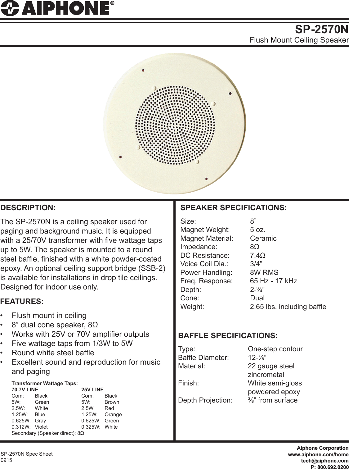 Page 1 of 1 - Aiphone  SP-2570N Flush Mount Ceiling Speaker SP-2570N-Spec