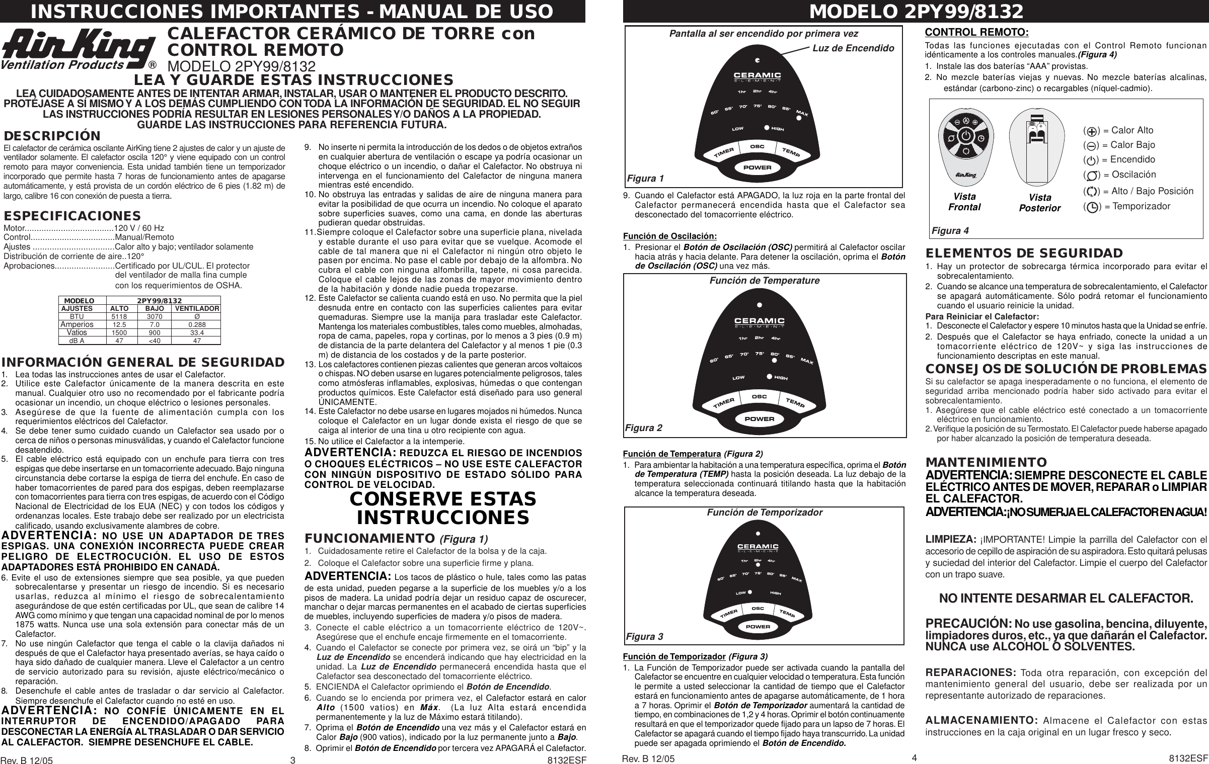 Page 2 of 4 - Air-King Air-King-Oscillating-Ceramic-Tower-Heater-With-Remote-Control-2Py99-8132-Users-Manual- 8132 Ins 8132ESFa  Air-king-oscillating-ceramic-tower-heater-with-remote-control-2py99-8132-users-manual