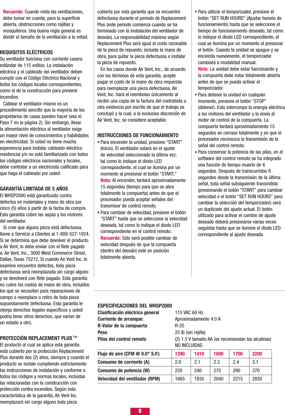 9Para utilizar el temporizador, presione elbotón “SET RUN HOURS” (Ajustar horario defuncionamiento) hasta que se seleccione eltiempo de funcionamiento deseado, tal comolo indique el diodo LED correspondiente, elcual se ilumina por un momento al presionarel botón. Cuando la unidad se apague y seencienda nuevamente, el temporizador cambiará a modalidad manual.Nota: La unidad debe estar funcionando y la compuerta debe estar totalmente abiertaantes de que se pueda activar el temporizador.Para detener la unidad en cualquier momento, presione el botón “STOP”(detener). Esto interrumpe la energía eléctricaa los motores del ventilador y la envía al motor de control de la compuerta. La compuerta tardará aproximadamente 15 segundos en cerrase totalmente y en que el procesador reconozca la transmisión de la señal del control remoto.Para conservar la potencia de las pilas, en elsoftware del control remoto se ha integradouna función de tiempo muerto de 8 segundos. Después de transcurridos 8segundos desde la transmisión de la últimaseñal, toda señal subsiguiente transmitida(presionando el botón “START” para cambiarvelocidad o el botón “SET RUN HOURS” paracambiar la selección del temporizador) seráun duplicado del ajuste actual. El botón utilizado para activar el cambio de ajustedeseado deberá presionarse varias vecesseguidas hasta que se ilumine el diodo LEDcorrespondiente al ajuste deseado.•••Recuerde: Cuando mida las ventilaciones,debe tomar en cuenta, para la superficieabierta, obstrucciones como rejillas ymosquiteros. Una buena regla general esdividir el tamaño de la ventilación a la mitad.REQUISITOS ELÉCTRICOSSu ventilador funciona con corriente caseraestándar de 115 voltios. La instalación eléctrica y el cableado del ventilador debencumplir con el Código Eléctrico Nacional ytodos los códigos locales correspondientes,como el de la construcción para prevenirincendios.Cablear el ventilador mismo es un procedimiento sencillo que la mayoría de lospropietarios de casas pueden hacer (vea elPaso 7 en la página 2). Sin embargo, llevar la alimentación eléctrica al ventilador exige un mayor nivel de conocimientos y habilidadesen electricidad. Si usted no tiene mucha experiencia para instalar cableado eléctricoresidencial y/o no está familiarizado con todoslos códigos eléctricos nacionales y locales,debe contratar a un electricista calificado paraque haga el cableado por usted.GARANTÍA LIMITADA DE 5 AÑOSEl WHSP2000 está garantizado contra defectos en materiales y mano de obra porcinco (5) años a partir de la fecha de compra.Esta garantía cubre las aspas y los motores del ventilador.Si cree que alguna pieza está defectuosa,llame a Servicio a Clientes al 1-800-527-1924.Si se determina que debe devolver el productoa Air Vent, lo debe enviar con el flete pagado a: Air Vent, Inc., 3000 West Commerce Street,Dallas, Texas 75212. Si cuando Air Vent Inc. loexamine encuentra defectos, toda pieza defectuosa será reemplazada sin cargo algunoy se devolverá con flete pagado. Esta garantíano cubre los costos de mano de obra, incluidoslos que se necesiten para reparaciones decampo o reemplazo o retiro de toda piezasupuestamente defectuosa. Esta garantía leotorga derechos legales específicos y ustedpodría tener otros derechos, que varían de un estado a otro.PROTECCIÓN REPLACEMENT PLUSEl producto al cual se aplica esta garantía está cubierto por la protección ReplacementPlus durante dos (2) años, siempre y cuando elproducto se instale cumpliendo estrictamentelas instrucciones de instalación y conforme atodos los códigos y normas locales, incluidaslas relacionadas con la construcción con protección contra incendios. Según esta característica de la garantía, Air Vent Inc.reemplazará sin cargo alguno toda pieza™cubierta por esta garantía que se encuentredefectuosa durante el periodo de ReplacementPlus (este periodo comienza cuando se ha terminado con la instalación del ventilador dedesván). La responsabilidad máxima segúnReplacement Plus será igual al costo razonablede la pieza de repuesto, incluida la mano deobra, para quitar la pieza defectuosa e instalarla pieza de repuesto.En los casos donde Air Vent, Inc., de acuerdocon los términos de esta garantía, aceptepagar el costo de la mano de obra requeridapara reemplazar una pieza defectuosa, AirVent, Inc. hará el reembolso únicamente alrecibir una copia de la factura del contratista uotra evidencia por escrito de que el trabajo seconcluyó y la cual, a la exclusiva discreción deAir Vent, Inc. se considere aceptable.INSTRUCCIONES DE FUNCIONAMIENTOPara encender la unidad, presione “START”(Inicio). El ventilador estará en el ajuste de velocidad seleccionado la última vez,tal como lo indique el diodo LED correspondiente, el cual se ilumina por unmomento al presionar el botón “START.”Nota: Al encender, tardará aproximadamente15 segundos (tiempo para que se abra totalmente la compuerta) antes de que elprocesador pueda aceptar señales del transmisor de control remoto.Para cambiar de velocidad, presione el botón“START” hasta que se seleccione la velocidaddeseada, tal como lo indique el diodo LEDcorrespondiente en el control remoto.Recuerde: Sólo será posible cambiar develocidad después de que la compuerta (dentro del desván) esté en posición totalmente abierta.••ESPECIFICACIONES DEL WHSP2000Clasificación eléctrica general 115 VAC 60 Hz Corriente de arranque: Aproximadamente 4.0 AR-Valor de la compuerta R-25Peso 25 lb (sin rejilla)Pilas del control remoto (2) 1.5 V tamaño AA (se recomiendan las alcalinas)NO INCLUIDAS Flujo de aire (CFM @ 0.0&quot; S.P.) 1290 1410 1600 1700 2200Consumo de corriente (A) 2.0 2.1 2.3 2.4 3.1Consumo de potencia (W) 220 240 270 290 370Velocidad del ventilador (RPM) 1665 1835 2040 2215 2830 