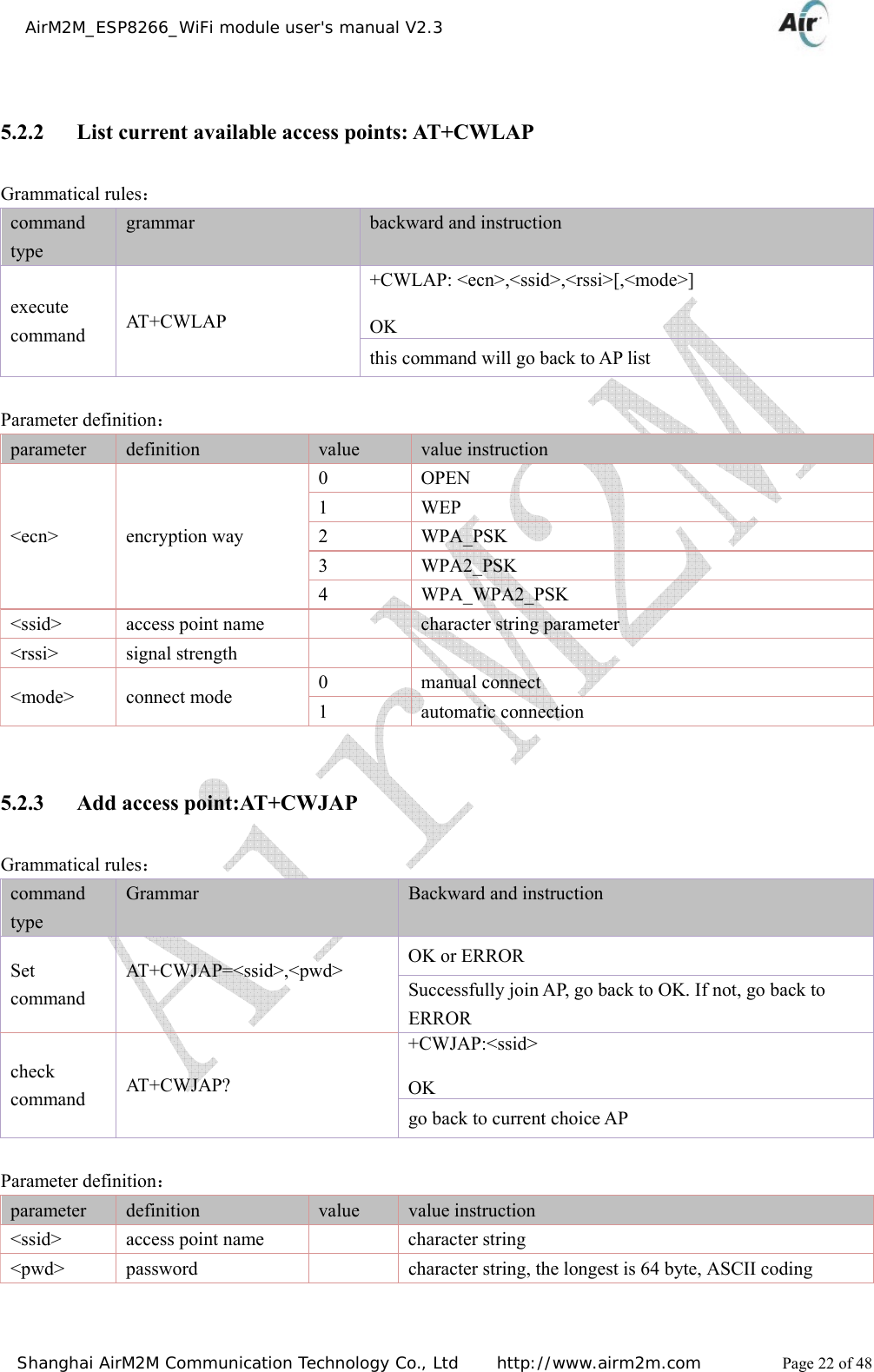    AirM2M_ESP8266_WiFi module user&apos;s manual V2.3   Shanghai AirM2M Communication Technology Co., Ltd     http://www.airm2m.com          Page 22 of 48  5.2.2 List current available access points: AT+CWLAP Grammatical rules： command type grammar  backward and instruction execute command  AT+ CW LAP  +CWLAP: &lt;ecn&gt;,&lt;ssid&gt;,&lt;rssi&gt;[,&lt;mode&gt;]    OK this command will go back to AP list  Parameter definition： parameter  definition  value  value instruction &lt;ecn&gt; encryption way 0 OPEN 1 WEP 2 WPA_PSK 3 WPA2_PSK 4 WPA_WPA2_PSK  &lt;ssid&gt;  access point name    character string parameter &lt;rssi&gt; signal strength     &lt;mode&gt; connect mode  0 manual connect 1 automatic connection  5.2.3 Add access point:AT+CWJAP Grammatical rules： command type Grammar  Backward and instruction Set command AT+CWJAP=&lt;ssid&gt;,&lt;pwd&gt;   OK or ERROR Successfully join AP, go back to OK. If not, go back to ERROR check command  AT+ CW JAP ? +CWJAP:&lt;ssid&gt;   OK  go back to current choice AP  Parameter definition： parameter  definition  value  value instruction &lt;ssid&gt;  access point name    character string &lt;pwd&gt;  password    character string, the longest is 64 byte, ASCII coding  