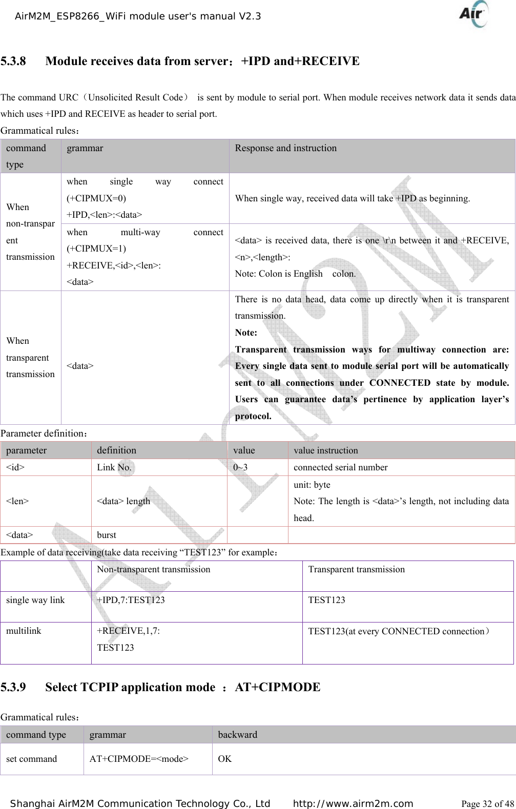    AirM2M_ESP8266_WiFi module user&apos;s manual V2.3   Shanghai AirM2M Communication Technology Co., Ltd     http://www.airm2m.com          Page 32 of 48 5.3.8 Module receives data from server：+IPD and+RECEIVE The command URC（Unsolicited Result Code）  is sent by module to serial port. When module receives network data it sends data which uses +IPD and RECEIVE as header to serial port. Grammatical rules： command type grammar  Response and instruction When non-transparent transmission when single way connect (+CIPMUX=0)  +IPD,&lt;len&gt;:&lt;data&gt;  When single way, received data will take +IPD as beginning. when multi-way connect (+CIPMUX=1)  +RECEIVE,&lt;id&gt;,&lt;len&gt;: &lt;data&gt;  &lt;data&gt; is received data, there is one \r\n between it and +RECEIVE, &lt;n&gt;,&lt;length&gt;: Note: Colon is English    colon. When transparent transmission  &lt;data&gt; There is no data head, data come up directly when it is transparent transmission. Note:  Transparent transmission ways for multiway connection are: Every single data sent to module serial port will be automatically sent to all connections under CONNECTED state by module. Users can guarantee data’s pertinence by application layer’s protocol. Parameter definition： parameter  definition  value  value instruction &lt;id&gt; Link No.  0~3 connected serial number &lt;len&gt; &lt;data&gt; length   unit: byte Note: The length is &lt;data&gt;’s length, not including data head. &lt;data&gt; burst    Example of data receiving(take data receiving “TEST123” for example：   Non-transparent transmission  Transparent transmission single way link  +IPD,7:TEST123  TEST123 multilink +RECEIVE,1,7: TEST123 TEST123(at every CONNECTED connection） 5.3.9 Select TCPIP application mode  ：AT+CIPMODE Grammatical rules： command type  grammar  backward set command  AT+CIPMODE=&lt;mode&gt;  OK 