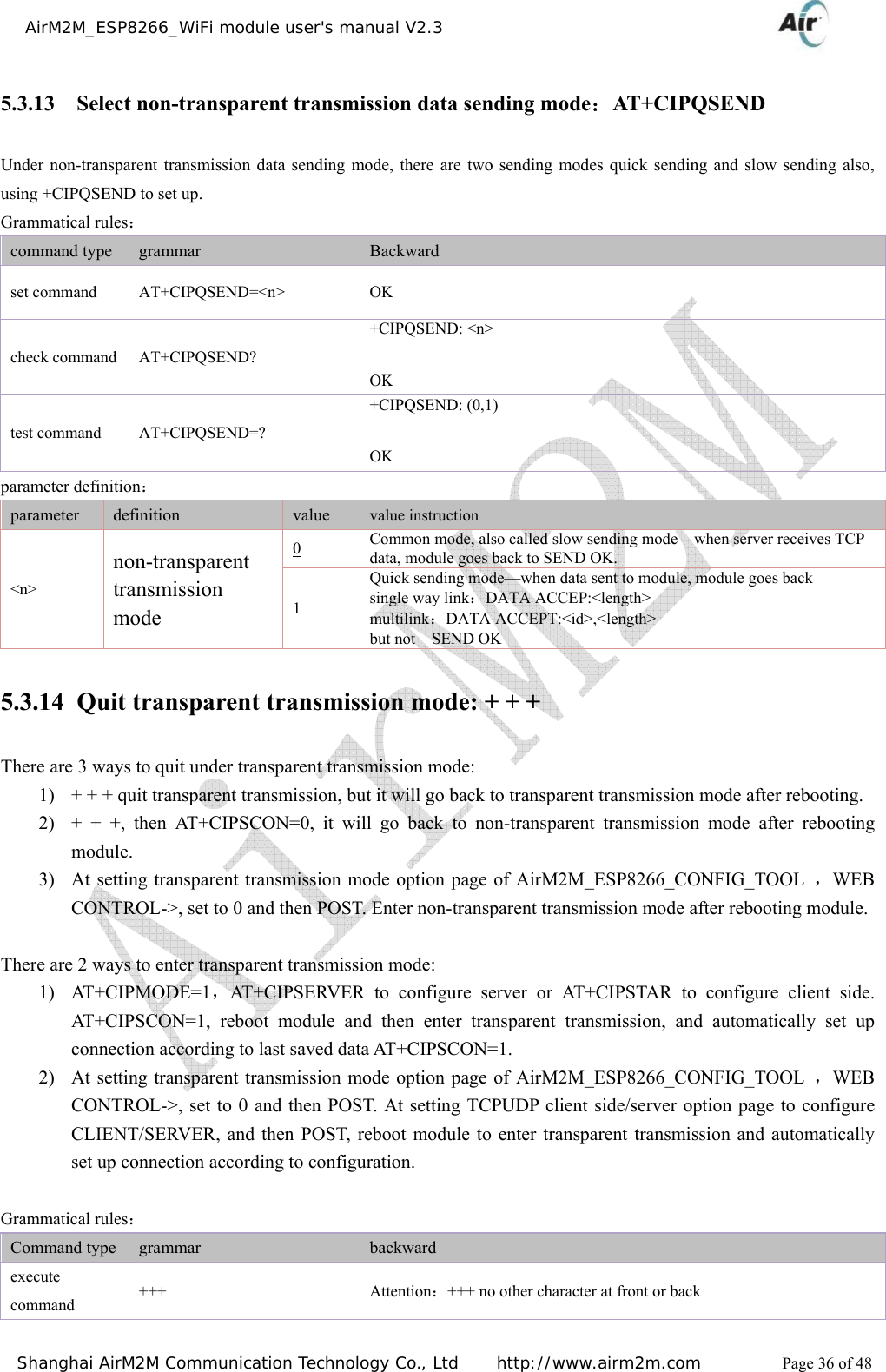    AirM2M_ESP8266_WiFi module user&apos;s manual V2.3   Shanghai AirM2M Communication Technology Co., Ltd     http://www.airm2m.com          Page 36 of 48 5.3.13 Select non-transparent transmission data sending mode：AT+CIPQSEND Under non-transparent transmission data sending mode, there are two sending modes quick sending and slow sending also, using +CIPQSEND to set up. Grammatical rules： command type  grammar  Backward set command  AT+CIPQSEND=&lt;n&gt;  OK check command  AT+CIPQSEND? +CIPQSEND: &lt;n&gt;   OK test command  AT+CIPQSEND=? +CIPQSEND: (0,1)  OK parameter definition： parameter   definition  value  value instruction &lt;n&gt; non-transparent transmission mode   0  Common mode, also called slow sending mode—when server receives TCP data, module goes back to SEND OK. 1 Quick sending mode—when data sent to module, module goes back single way link：DATA ACCEP:&lt;length&gt; multilink：DATA ACCEPT:&lt;id&gt;,&lt;length&gt; but not  SEND OK 5.3.14 Quit transparent transmission mode: + + + There are 3 ways to quit under transparent transmission mode: 1) + + + quit transparent transmission, but it will go back to transparent transmission mode after rebooting. 2) + + +, then AT+CIPSCON=0, it will go back to non-transparent transmission mode after rebooting module. 3) At setting transparent transmission mode option page of AirM2M_ESP8266_CONFIG_TOOL  ，WEB CONTROL-&gt;, set to 0 and then POST. Enter non-transparent transmission mode after rebooting module.  There are 2 ways to enter transparent transmission mode: 1) AT+CIPMODE=1，AT+CIPSERVER to configure server or AT+CIPSTAR to configure client side. AT+CIPSCON=1, reboot module and then enter transparent transmission, and automatically set up connection according to last saved data AT+CIPSCON=1. 2) At setting transparent transmission mode option page of AirM2M_ESP8266_CONFIG_TOOL  ，WEB CONTROL-&gt;, set to 0 and then POST. At setting TCPUDP client side/server option page to configure CLIENT/SERVER, and then POST, reboot module to enter transparent transmission and automatically set up connection according to configuration.    Grammatical rules： Command type  grammar  backward execute command  +++  Attention：+++ no other character at front or back 