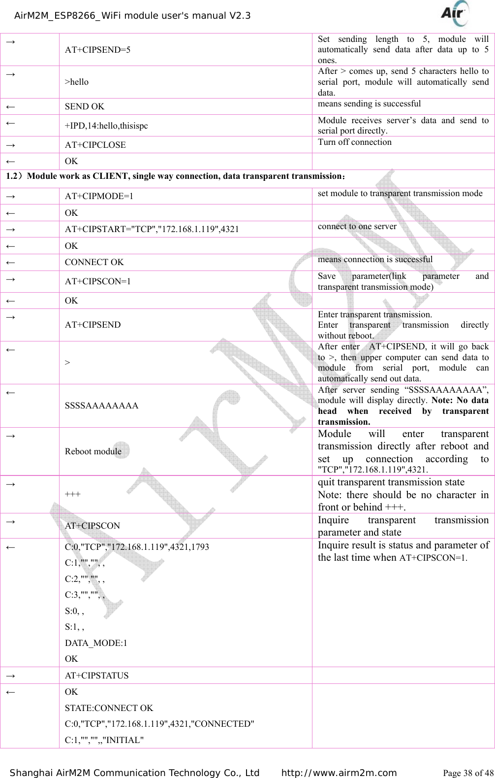    AirM2M_ESP8266_WiFi module user&apos;s manual V2.3   Shanghai AirM2M Communication Technology Co., Ltd     http://www.airm2m.com          Page 38 of 48 → AT+CIPSEND=5 Set sending length to 5, module will automatically send data after data up to 5 ones. → &gt;hello After &gt; comes up, send 5 characters hello to serial port, module will automatically send data. ← SEND OK  means sending is successful ← +IPD,14:hello,thisispc  Module receives server’s data and send to serial port directly. → AT+CIPCLOSE  Turn off connection ← OK   1.2）Module work as CLIENT, single way connection, data transparent transmission： → AT+CIPMODE=1  set module to transparent transmission mode ← OK   → AT+CIPSTART=&quot;TCP&quot;,&quot;172.168.1.119&quot;,4321  connect to one server ← OK   ← CONNECT OK  means connection is successful → AT+CIPSCON=1  Save parameter(link parameter and transparent transmission mode) ← OK   → AT+CIPSEND Enter transparent transmission. Enter transparent transmission directly without reboot. ← &gt; After enter  AT+CIPSEND, it will go back to &gt;, then upper computer can send data to module from serial port, module can automatically send out data. ← SSSSAAAAAAAA After server sending “SSSSAAAAAAAA”, module will display directly. Note: No data head when received by transparent transmission.→ Reboot module Module will enter transparent transmission directly after reboot and set up connection according to &quot;TCP&quot;,&quot;172.168.1.119&quot;,4321. → +++ quit transparent transmission state Note: there should be no character in front or behind +++. → AT+CIPSCON  Inquire transparent transmission parameter and state ← C:0,&quot;TCP&quot;,&quot;172.168.1.119&quot;,4321,1793 C:1,&quot;&quot;,&quot;&quot;, ,   C:2,&quot;&quot;,&quot;&quot;, ,   C:3,&quot;&quot;,&quot;&quot;, ,   S:0, , S:1, ,   DATA_MODE:1 OK Inquire result is status and parameter of the last time when AT+CIPSCON=1. → AT + C IP S TAT U S    ← OK STATE:CONNECT OK C:0,&quot;TCP&quot;,&quot;172.168.1.119&quot;,4321,&quot;CONNECTED&quot; C:1,&quot;&quot;,&quot;&quot;,,&quot;INITIAL&quot;  