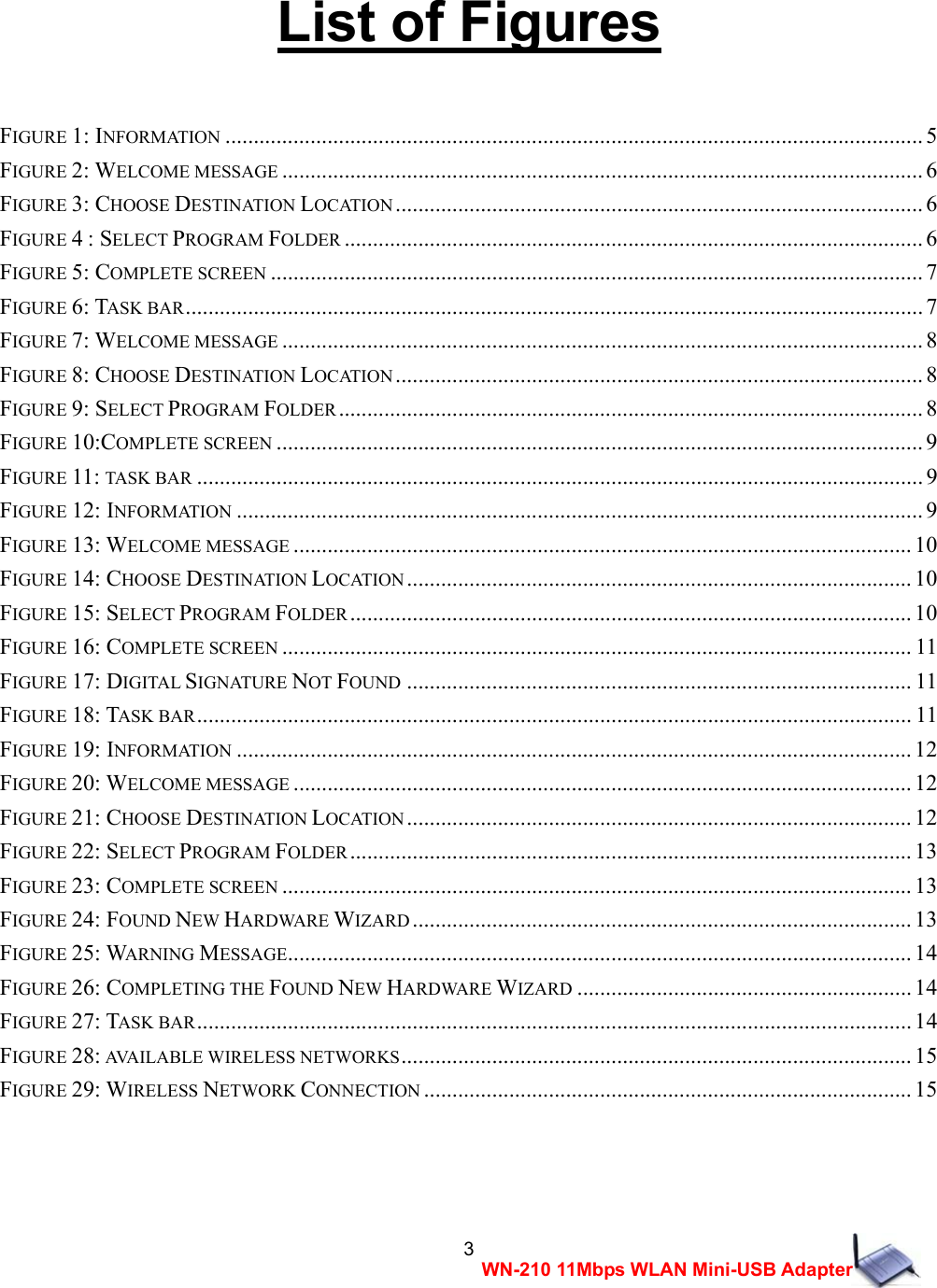  3WN-210 11Mbps WLAN Mini-USB Adapter List of Figures    FIGURE 1: INFORMATION ........................................................................................................................... 5 FIGURE 2: WELCOME MESSAGE ................................................................................................................. 6 FIGURE 3: CHOOSE DESTINATION LOCATION ............................................................................................. 6 FIGURE 4 : SELECT PROGRAM FOLDER ...................................................................................................... 6 FIGURE 5: COMPLETE SCREEN ................................................................................................................... 7 FIGURE 6: TASK BAR..................................................................................................................................7 FIGURE 7: WELCOME MESSAGE ................................................................................................................. 8 FIGURE 8: CHOOSE DESTINATION LOCATION ............................................................................................. 8 FIGURE 9: SELECT PROGRAM FOLDER .......................................................................................................8 FIGURE 10:COMPLETE SCREEN .................................................................................................................. 9 FIGURE 11: TASK BAR ................................................................................................................................9 FIGURE 12: INFORMATION ......................................................................................................................... 9 FIGURE 13: WELCOME MESSAGE ............................................................................................................. 10 FIGURE 14: CHOOSE DESTINATION LOCATION ......................................................................................... 10 FIGURE 15: SELECT PROGRAM FOLDER ................................................................................................... 10 FIGURE 16: COMPLETE SCREEN ............................................................................................................... 11 FIGURE 17: DIGITAL SIGNATURE NOT FOUND ......................................................................................... 11 FIGURE 18: TASK BAR.............................................................................................................................. 11 FIGURE 19: INFORMATION ....................................................................................................................... 12 FIGURE 20: WELCOME MESSAGE ............................................................................................................. 12 FIGURE 21: CHOOSE DESTINATION LOCATION ......................................................................................... 12 FIGURE 22: SELECT PROGRAM FOLDER ................................................................................................... 13 FIGURE 23: COMPLETE SCREEN ............................................................................................................... 13 FIGURE 24: FOUND NEW HARDWARE WIZARD ........................................................................................ 13 FIGURE 25: WARNING MESSAGE..............................................................................................................14 FIGURE 26: COMPLETING THE FOUND NEW HARDWARE WIZARD ........................................................... 14 FIGURE 27: TASK BAR.............................................................................................................................. 14 FIGURE 28: AVAILABLE WIRELESS NETWORKS.......................................................................................... 15 FIGURE 29: WIRELESS NETWORK CONNECTION ...................................................................................... 15      