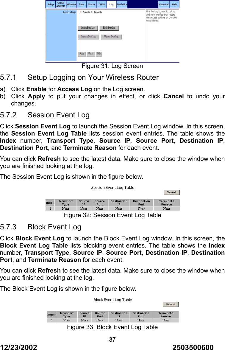 12/23/2002                                     2503500600 37 Figure 31: Log Screen 5.7.1      Setup Logging on Your Wireless Router a) Click Enable for Access Log on the Log screen. b) Click Apply to put your changes in effect, or click Cancel to undo your changes. 5.7.2   Session Event Log Click Session Event Log to launch the Session Event Log window. In this screen, the  Session Event Log Table lists session event entries. The table shows the Index number, Transport Type,  Source IP,  Source Port,  Destination IP, Destination Port, and Terminate Reason for each event. You can click Refresh to see the latest data. Make sure to close the window when you are finished looking at the log. The Session Event Log is shown in the figure below.  Figure 32: Session Event Log Table 5.7.3   Block Event Log Click Block Event Log to launch the Block Event Log window. In this screen, the Block Event Log Table lists blocking event entries. The table shows the Index number, Transport Type, Source IP, Source Port, Destination IP, Destination Port, and Terminate Reason for each event. You can click Refresh to see the latest data. Make sure to close the window when you are finished looking at the log. The Block Event Log is shown in the figure below.  Figure 33: Block Event Log Table 