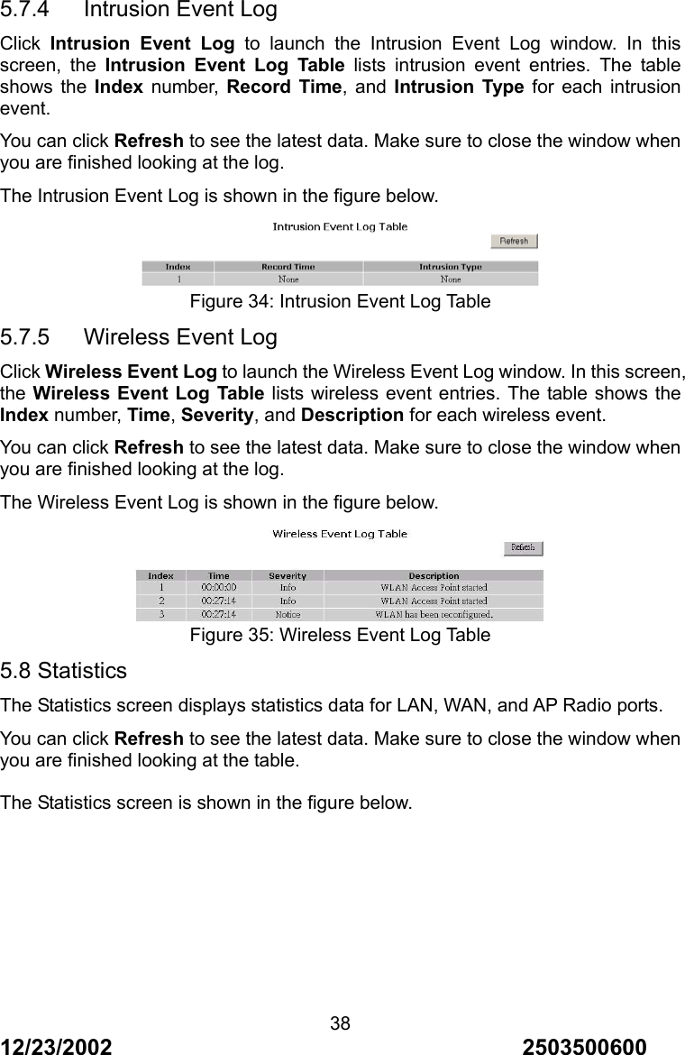 12/23/2002                                     2503500600 385.7.4   Intrusion Event Log Click  Intrusion Event Log to launch the Intrusion Event Log window. In this screen, the Intrusion Event Log Table lists intrusion event entries. The table shows the Index number, Record Time, and Intrusion Type for each intrusion event. You can click Refresh to see the latest data. Make sure to close the window when you are finished looking at the log. The Intrusion Event Log is shown in the figure below.  Figure 34: Intrusion Event Log Table 5.7.5   Wireless Event Log Click Wireless Event Log to launch the Wireless Event Log window. In this screen, the Wireless Event Log Table lists wireless event entries. The table shows the Index number, Time, Severity, and Description for each wireless event. You can click Refresh to see the latest data. Make sure to close the window when you are finished looking at the log. The Wireless Event Log is shown in the figure below.    Figure 35: Wireless Event Log Table 5.8 Statistics The Statistics screen displays statistics data for LAN, WAN, and AP Radio ports. You can click Refresh to see the latest data. Make sure to close the window when you are finished looking at the table.  The Statistics screen is shown in the figure below. 