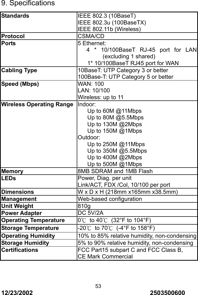 12/23/2002                                     2503500600 539. Specifications Standards  IEEE 802.3 (10BaseT) IEEE 802.3u (100BaseTX) IEEE 802.11b (Wireless) Protocol  CSMA/CD Ports  5 Ethernet: 4 * 10/100BaseT RJ-45 port for LAN (excluding 1 shared) 1* 10/100BaseT RJ45 port for WAN Cabling Type  10BaseT: UTP Category 3 or better 100Base-T: UTP Category 5 or better Speed (Mbps)  WAN: 100 LAN: 10/100 Wireless: up to 11 Wireless Operating Range Indoor: Up to 60M @11Mbps Up to 80M @5.5Mbps Up to 130M @2Mbps Up to 150M @1Mbps Outdoor: Up to 250M @11Mbps Up to 350M @5.5Mbps Up to 400M @2Mbps Up to 500M @1Mbps Memory  8MB SDRAM and 1MB Flash LEDs  Power, Diag. per unit Link/ACT, FDX /Col, 10/100 per port Dimensions  W x D x H (218mm x165mm x38.5mm) Management  Web-based configuration Unit Weight  810g Power Adapter  DC 5V/2A Operating Temperature  0℃ to 40℃  (32&deg;F to 104&deg;F) Storage Temperature  -20℃ to 70℃ (-4&deg;F to 158&deg;F) Operating Humidity  10% to 85% relative humidity, non-condensingStorage Humidity  5% to 90% relative humidity, non-condensingCertifications  FCC Part15 subpart C and FCC Class B, CE Mark Commercial  