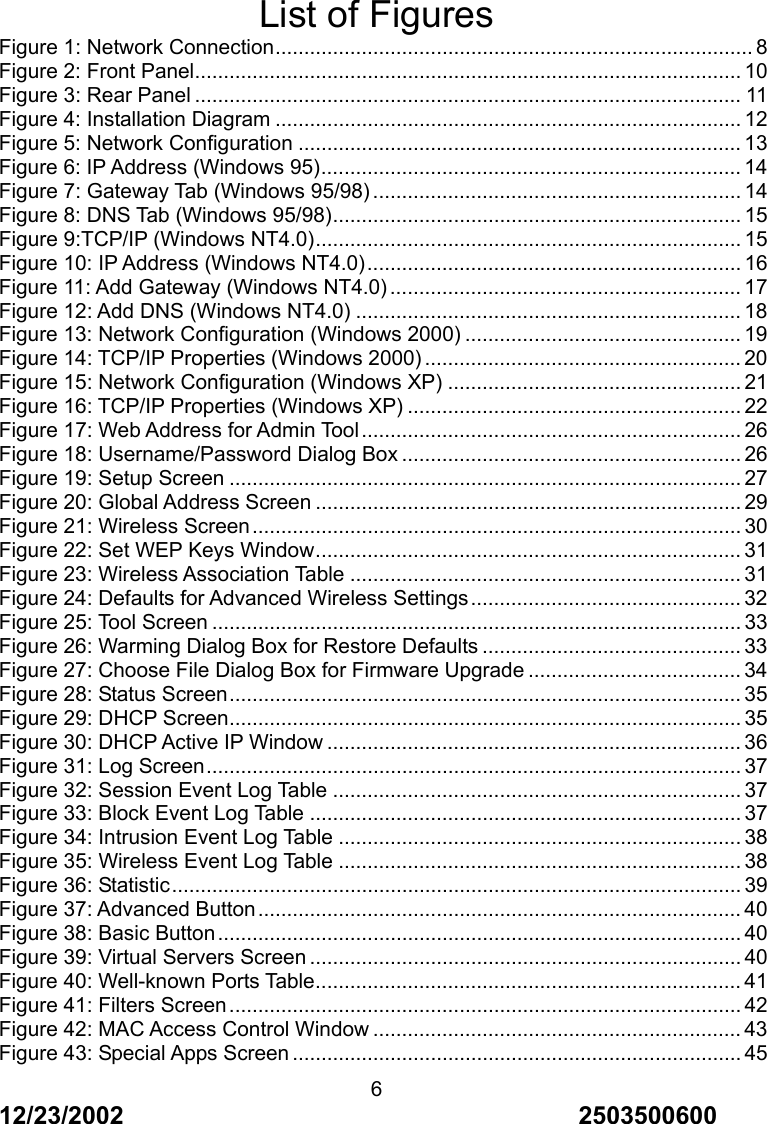 12/23/2002                                     2503500600 6 List of Figures Figure 1: Network Connection................................................................................... 8 Figure 2: Front Panel............................................................................................... 10 Figure 3: Rear Panel ............................................................................................... 11 Figure 4: Installation Diagram ................................................................................. 12 Figure 5: Network Configuration ............................................................................. 13 Figure 6: IP Address (Windows 95)......................................................................... 14 Figure 7: Gateway Tab (Windows 95/98) ................................................................ 14 Figure 8: DNS Tab (Windows 95/98)....................................................................... 15 Figure 9:TCP/IP (Windows NT4.0).......................................................................... 15 Figure 10: IP Address (Windows NT4.0)................................................................. 16 Figure 11: Add Gateway (Windows NT4.0) ............................................................. 17 Figure 12: Add DNS (Windows NT4.0) ................................................................... 18 Figure 13: Network Configuration (Windows 2000) ................................................ 19 Figure 14: TCP/IP Properties (Windows 2000) ....................................................... 20 Figure 15: Network Configuration (Windows XP) ................................................... 21 Figure 16: TCP/IP Properties (Windows XP) .......................................................... 22 Figure 17: Web Address for Admin Tool.................................................................. 26 Figure 18: Username/Password Dialog Box ........................................................... 26 Figure 19: Setup Screen ......................................................................................... 27 Figure 20: Global Address Screen .......................................................................... 29 Figure 21: Wireless Screen..................................................................................... 30 Figure 22: Set WEP Keys Window.......................................................................... 31 Figure 23: Wireless Association Table .................................................................... 31 Figure 24: Defaults for Advanced Wireless Settings ............................................... 32 Figure 25: Tool Screen ............................................................................................ 33 Figure 26: Warming Dialog Box for Restore Defaults ............................................. 33 Figure 27: Choose File Dialog Box for Firmware Upgrade ..................................... 34 Figure 28: Status Screen......................................................................................... 35 Figure 29: DHCP Screen......................................................................................... 35 Figure 30: DHCP Active IP Window ........................................................................ 36 Figure 31: Log Screen............................................................................................. 37 Figure 32: Session Event Log Table ....................................................................... 37 Figure 33: Block Event Log Table ........................................................................... 37 Figure 34: Intrusion Event Log Table ...................................................................... 38 Figure 35: Wireless Event Log Table ...................................................................... 38 Figure 36: Statistic................................................................................................... 39 Figure 37: Advanced Button.................................................................................... 40 Figure 38: Basic Button ........................................................................................... 40 Figure 39: Virtual Servers Screen ........................................................................... 40 Figure 40: Well-known Ports Table.......................................................................... 41 Figure 41: Filters Screen......................................................................................... 42 Figure 42: MAC Access Control Window ................................................................ 43 Figure 43: Special Apps Screen .............................................................................. 45 