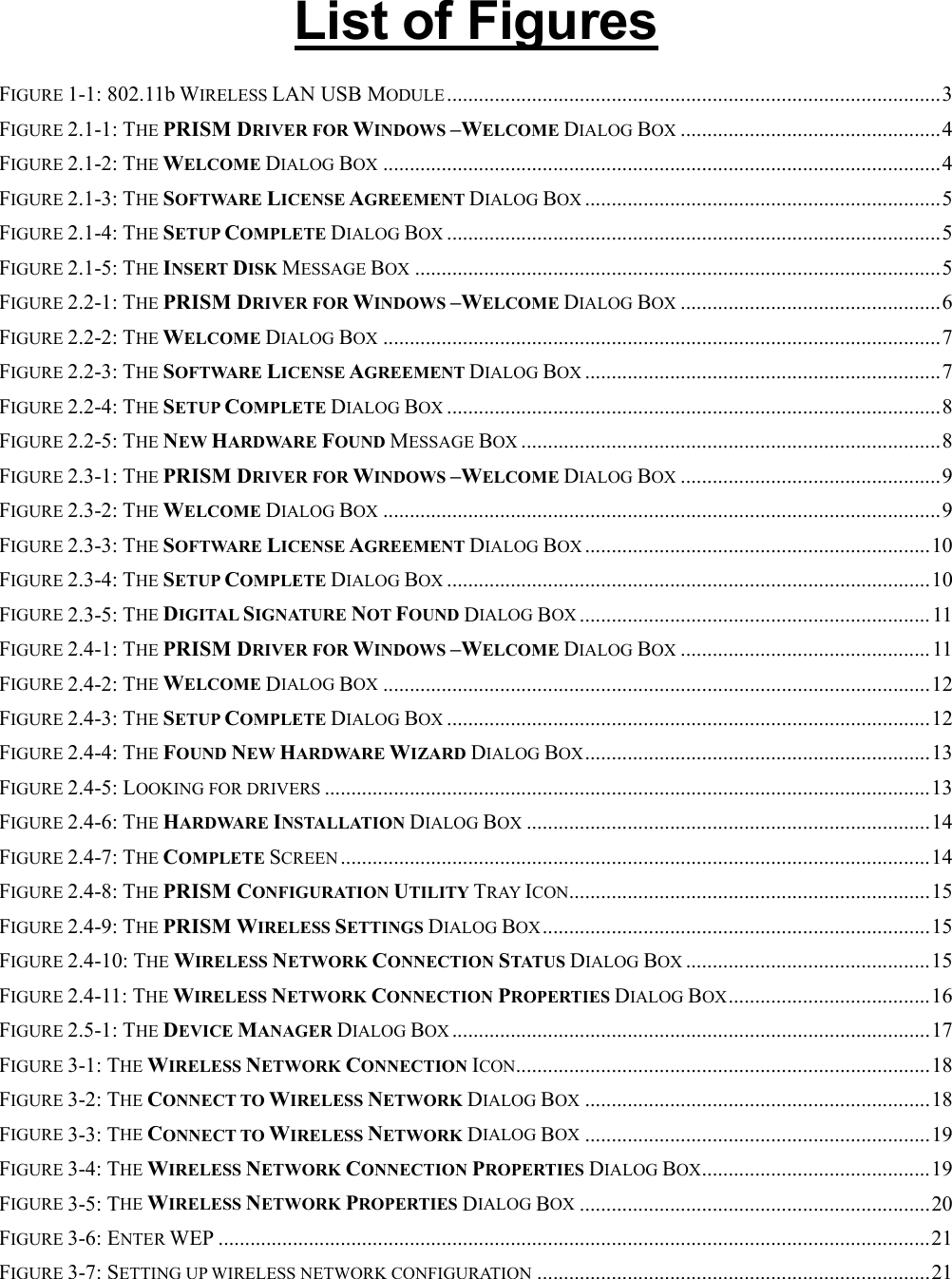   List of Figures  FIGURE 1-1: 802.11b WIRELESS LAN USB MODULE .............................................................................................3 FIGURE 2.1-1: THE PRISM DRIVER FOR WINDOWS &ndash;WELCOME DIALOG BOX .................................................4 FIGURE 2.1-2: THE WELCOME DIALOG BOX .........................................................................................................4 FIGURE 2.1-3: THE SOFTWARE LICENSE AGREEMENT DIALOG BOX ...................................................................5 FIGURE 2.1-4: THE SETUP COMPLETE DIALOG BOX .............................................................................................5 FIGURE 2.1-5: THE INSERT DISK MESSAGE BOX ...................................................................................................5 FIGURE 2.2-1: THE PRISM DRIVER FOR WINDOWS &ndash;WELCOME DIALOG BOX .................................................6 FIGURE 2.2-2: THE WELCOME DIALOG BOX .........................................................................................................7 FIGURE 2.2-3: THE SOFTWARE LICENSE AGREEMENT DIALOG BOX ...................................................................7 FIGURE 2.2-4: THE SETUP COMPLETE DIALOG BOX .............................................................................................8 FIGURE 2.2-5: THE NEW HARDWARE FOUND MESSAGE BOX ...............................................................................8 FIGURE 2.3-1: THE PRISM DRIVER FOR WINDOWS &ndash;WELCOME DIALOG BOX .................................................9 FIGURE 2.3-2: THE WELCOME DIALOG BOX .........................................................................................................9 FIGURE 2.3-3: THE SOFTWARE LICENSE AGREEMENT DIALOG BOX .................................................................10 FIGURE 2.3-4: THE SETUP COMPLETE DIALOG BOX ...........................................................................................10 FIGURE 2.3-5: THE DIGITAL SIGNATURE NOT FOUND DIALOG BOX ..................................................................11 FIGURE 2.4-1: THE PRISM DRIVER FOR WINDOWS &ndash;WELCOME DIALOG BOX ...............................................11 FIGURE 2.4-2: THE WELCOME DIALOG BOX .......................................................................................................12 FIGURE 2.4-3: THE SETUP COMPLETE DIALOG BOX ...........................................................................................12 FIGURE 2.4-4: THE FOUND NEW HARDWARE WIZARD DIALOG BOX.................................................................13 FIGURE 2.4-5: LOOKING FOR DRIVERS ..................................................................................................................13 FIGURE 2.4-6: THE HARDWARE INSTALLATION DIALOG BOX ............................................................................14 FIGURE 2.4-7: THE COMPLETE SCREEN ...............................................................................................................14 FIGURE 2.4-8: THE PRISM CONFIGURATION UTILITY TRAY ICON....................................................................15 FIGURE 2.4-9: THE PRISM WIRELESS SETTINGS DIALOG BOX.........................................................................15 FIGURE 2.4-10: THE WIRELESS NETWORK CONNECTION STAT US DIALOG BOX ..............................................15 FIGURE 2.4-11: THE WIRELESS NETWORK CONNECTION PROPERTIES DIALOG BOX......................................16 FIGURE 2.5-1: THE DEVICE MANAGER DIALOG BOX ..........................................................................................17 FIGURE 3-1: THE WIRELESS NETWORK CONNECTION ICON..............................................................................18 FIGURE 3-2: THE CONNECT TO WIRELESS NETWORK DIALOG BOX .................................................................18 FIGURE 3-3: THE CONNECT TO WIRELESS NETWORK DIALOG BOX .................................................................19 FIGURE 3-4: THE WIRELESS NETWORK CONNECTION PROPERTIES DIALOG BOX...........................................19 FIGURE 3-5: THE WIRELESS NETWORK PROPERTIES DIALOG BOX ..................................................................20 FIGURE 3-6: ENTER WEP ......................................................................................................................................21 FIGURE 3-7: SETTING UP WIRELESS NETWORK CONFIGURATION ..........................................................................21 