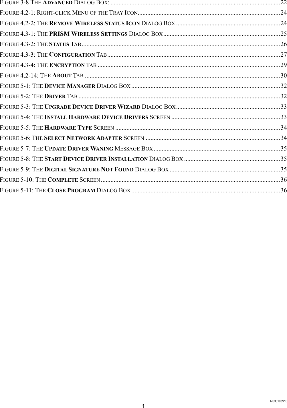  M033103V10 1 FIGURE 3-8 THE ADVANCED DIALOG BOX: ..........................................................................................................22 FIGURE 4.2-1: RIGHT-CLICK MENU OF THE TRAY ICON.........................................................................................24 FIGURE 4.2-2: THE REMOVE WIRELESS STAT US  ICON DIALOG BOX .................................................................24 FIGURE 4.3-1: THE PRISM WIRELESS SETTINGS DIALOG BOX.........................................................................25 FIGURE 4.3-2: THE STATUS TAB ............................................................................................................................26 FIGURE 4.3-3: THE CONFIGURATION TAB............................................................................................................27 FIGURE 4.3-4: THE ENCRYPTION TAB ..................................................................................................................29 FIGURE 4.2-14: THE ABOUT TAB ..........................................................................................................................30 FIGURE 5-1: THE DEVICE MANAGER DIALOG BOX .............................................................................................32 FIGURE 5-2: THE DRIVER TAB ..............................................................................................................................32 FIGURE 5-3: THE UPGRADE DEVICE DRIVER WIZARD DIALOG BOX.................................................................33 FIGURE 5-4: THE INSTALL HARDWARE DEVICE DRIVERS SCREEN ....................................................................33 FIGURE 5-5: THE HARDWARE TYPE SCREEN .......................................................................................................34 FIGURE 5-6: THE SELECT NETWORK ADAPTER SCREEN ....................................................................................34 FIGURE 5-7: THE UPDATE DRIVER WANING MESSAGE BOX ...............................................................................35 FIGURE 5-8: THE START DEVICE DRIVER INSTALLATION DIALOG BOX ............................................................35 FIGURE 5-9: THE DIGITAL SIGNATURE NOT FOUND DIALOG BOX .....................................................................35 FIGURE 5-10: THE COMPLETE SCREEN ................................................................................................................36 FIGURE 5-11: THE CLOSE PROGRAM DIALOG BOX .............................................................................................36  