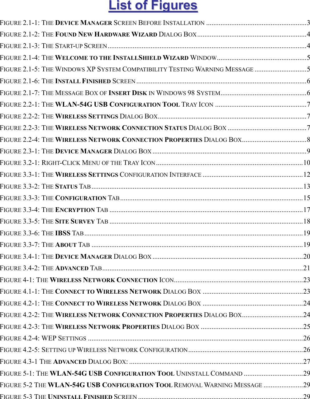 LLiisstt  ooff  FFiigguurreess  FIGURE 2.1-1: THE DEVICE MANAGER SCREEN BEFORE INSTALLATION ........................................................3 FIGURE 2.1-2: THE FOUND NEW HARDWARE WIZARD DIALOG BOX.............................................................4 FIGURE 2.1-3: THE START-UP SCREEN...............................................................................................................4 FIGURE 2.1-4: THE WELCOME TO THE INSTALLSHIELD WIZARD WINDOW..................................................5 FIGURE 2.1-5: THE WINDOWS XP SYSTEM COMPATIBILITY TESTING WARNING MESSAGE .............................5 FIGURE 2.1-6: THE INSTALL FINISHED SCREEN ...............................................................................................6 FIGURE 2.1-7: THE MESSAGE BOX OF INSERT DISK IN WINDOWS 98 SYSTEM................................................6 FIGURE 2.2-1: THE WLAN-54G USB CONFIGURATION TOOL TRAY ICON ...................................................7 FIGURE 2.2-2: THE WIRELESS SETTINGS DIALOG BOX...................................................................................7 FIGURE 2.2-3: THE WIRELESS NETWORK CONNECTION STAT U S DIALOG BOX ............................................7 FIGURE 2.2-4: THE WIRELESS NETWORK CONNECTION PROPERTIES DIALOG BOX....................................8 FIGURE 2.3-1: THE DEVICE MANAGER DIALOG BOX ......................................................................................9 FIGURE 3.2-1: RIGHT-CLICK MENU OF THE TRAY ICON ..................................................................................10 FIGURE 3.3-1: THE WIRELESS SETTINGS CONFIGURATION INTERFACE ........................................................12 FIGURE 3.3-2: THE STATUS TAB ......................................................................................................................13 FIGURE 3.3-3: THE CONFIGURATION TAB......................................................................................................15 FIGURE 3.3-4: THE ENCRYPTION TAB ............................................................................................................17 FIGURE 3.3-5: THE SITE SURVEY TAB ............................................................................................................18 FIGURE 3.3-6: THE IBSS TAB..........................................................................................................................19 FIGURE 3.3-7: THE ABOUT TAB ......................................................................................................................19 FIGURE 3.4-1: THE DEVICE MANAGER DIALOG BOX ....................................................................................20 FIGURE 3.4-2: THE ADVANCED TAB................................................................................................................21 FIGURE 4-1: THE WIRELESS NETWORK CONNECTION ICON........................................................................23 FIGURE 4.1-1: THE CONNECT TO WIRELESS NETWORK DIALOG BOX ........................................................23 FIGURE 4.2-1: THE CONNECT TO WIRELESS NETWORK DIALOG BOX ........................................................24 FIGURE 4.2-2: THE WIRELESS NETWORK CONNECTION PROPERTIES DIALOG BOX..................................24 FIGURE 4.2-3: THE WIRELESS NETWORK PROPERTIES DIALOG BOX .........................................................25 FIGURE 4.2-4: WEP SETTINGS ........................................................................................................................26 FIGURE 4.2-5: SETTING UP WIRELESS NETWORK CONFIGURATION................................................................26 FIGURE 4.3-1 THE ADVANCED DIALOG BOX: .................................................................................................27 FIGURE 5-1: THE WLAN-54G USB CONFIGURATION TOOL UNINSTALL COMMAND .................................29 FIGURE 5-2 THE WLAN-54G USB CONFIGURATION TOOL REMOVAL WARNING MESSAGE ......................29 FIGURE 5-3 THE UNINSTALL FINISHED SCREEN ............................................................................................29  