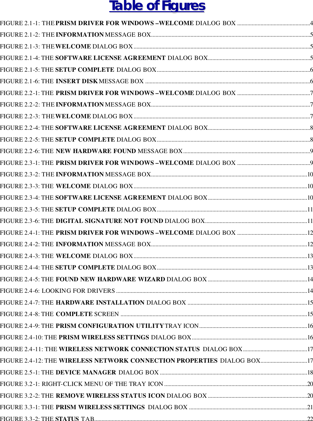 TTaabbllee  ooff  FFiigguurreess  FIGURE 2.1-1: THE PRISM DRIVER FOR WINDOWS &ndash;WELCOME DIALOG BOX ..................................................4 FIGURE 2.1-2: THE INFORMATION MESSAGE BOX.............................................................................................................5 FIGURE 2.1-3: THE WELCOME DIALOG BOX.........................................................................................................................5 FIGURE 2.1-4: THE SOFTWARE LICENSE AGREEMENT DIALOG BOX......................................................................5 FIGURE 2.1-5: THE SETUP COMPLETE DIALOG BOX.........................................................................................................6 FIGURE 2.1-6: THE  INSERT DISK MESSAGE BOX .................................................................................................................6 FIGURE 2.2-1: THE  PRISM DRIVER FOR WINDOWS &ndash;WELCOME DIALOG BOX ..................................................7 FIGURE 2.2-2: THE INFORMATION MESSAGE BOX.............................................................................................................7 FIGURE 2.2-3: THE WELCOME DIALOG BOX.........................................................................................................................7 FIGURE 2.2-4: THE SOFTWARE LICENSE AGREEMENT DIALOG BOX......................................................................8 FIGURE 2.2-5: THE SETUP COMPLETE DIALOG BOX.........................................................................................................8 FIGURE 2.2-6: THE  NEW HARDWARE FOUND MESSAGE BOX.......................................................................................9 FIGURE 2.3-1: THE  PRISM DRIVER FOR WINDOWS &ndash;WELCOME DIALOG BOX ..................................................9 FIGURE 2.3-2: THE  INFORMATION MESSAGE BOX...........................................................................................................10 FIGURE 2.3-3: THE  WELCOME DIALOG BOX.......................................................................................................................10 FIGURE 2.3-4: THE SOFTWARE LICENSE AGREEMENT DIALOG BOX....................................................................10 FIGURE 2.3-5: THE SETUP COMPLETE DIALOG BOX.......................................................................................................11 FIGURE 2.3-6: THE  DIGITAL SIGNATURE NOT FOUND DIALOG BOX......................................................................11 FIGURE 2.4-1: THE  PRISM DRIVER FOR WINDOWS &ndash;WELCOME DIALOG BOX ................................................12 FIGURE 2.4-2: THE  INFORMATION MESSAGE BOX...........................................................................................................12 FIGURE 2.4-3: THE  WELCOME DIALOG BOX.......................................................................................................................13 FIGURE 2.4-4: THE SETUP COMPLETE DIALOG BOX.......................................................................................................13 FIGURE 2.4-5: THE  FOUND NEW HARDWARE WIZARD DIALOG BOX ....................................................................14 FIGURE 2.4-6: LOOKING FOR DRIVERS ...................................................................................................................................14 FIGURE 2.4-7: THE  HARDWARE INSTALLATION DIALOG BOX ..................................................................................15 FIGURE 2.4-8: THE  COMPLETE SCREEN ................................................................................................................................15 FIGURE 2.4-9: THE  PRISM CONFIGURATION UTILITY TRAY ICON..........................................................................16 FIGURE 2.4-10: THE PRISM WIRELESS SETTINGS DIALOG BOX...............................................................................16 FIGURE 2.4-11: THE WIRELESS NETWORK CONNECTION STATUS  DIALOG BOX............................................17 FIGURE 2.4-12: THE WIRELESS NETWORK CONNECTION PROPERTIES DIALOG BOX................................17 FIGURE 2.5-1: THE  DEVICE MANAGER DIALOG BOX .....................................................................................................18 FIGURE 3.2-1: RIGHT-CLICK MENU OF THE TRAY ICON ..................................................................................................20 FIGURE 3.2-2: THE  REMOVE WIRELESS STATUS ICON DIALOG BOX ....................................................................20 FIGURE 3.3-1: THE  PRISM WIRELESS SETTINGS  DIALOG BOX .................................................................................21 FIGURE 3.3-2: THE STATUS TAB..................................................................................................................................................22 