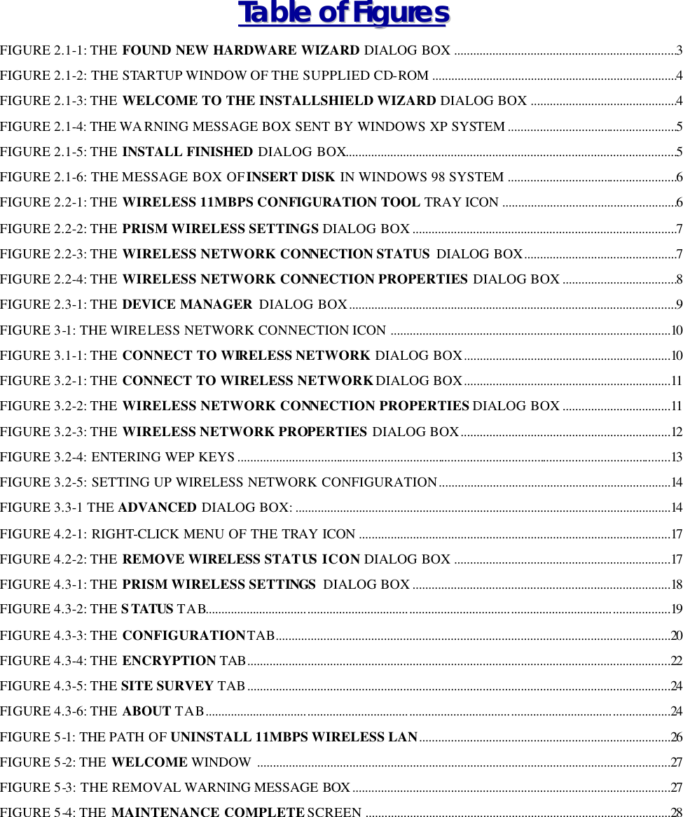   TTaabbllee  ooff  FFiigguurreess  FIGURE 2.1-1: THE  FOUND NEW HARDWARE WIZARD DIALOG BOX ......................................................................3 FIGURE 2.1-2: THE STARTUP WINDOW OF THE SUPPLIED CD-ROM .............................................................................4 FIGURE 2.1-3: THE  WELCOME TO THE INSTALLSHIELD WIZARD DIALOG BOX ..............................................4 FIGURE 2.1-4: THE WA RNING MESSAGE BOX SENT BY WINDOWS XP SYSTEM .....................................................5 FIGURE 2.1-5: THE  INSTALL FINISHED DIALOG BOX........................................................................................................5 FIGURE 2.1-6: THE MESSAGE BOX OF INSERT DISK IN WINDOWS 98 SYSTEM .....................................................6 FIGURE 2.2-1: THE  WIRELESS 11MBPS CONFIGURATION TOOL TRAY ICON .......................................................6 FIGURE 2.2-2: THE  PRISM WIRELESS SETTINGS DIALOG BOX ...................................................................................7 FIGURE 2.2-3: THE  WIRELESS NETWORK CONNECTION STATUS DIALOG BOX................................................7 FIGURE 2.2-4: THE  WIRELESS NETWORK CONNECTION PROPERTIES DIALOG BOX ....................................8 FIGURE 2.3-1: THE  DEVICE MANAGER DIALOG BOX.......................................................................................................9 FIGURE 3-1: THE WIRELESS NETWORK CONNECTION ICON ........................................................................................10 FIGURE 3.1-1: THE  CONNECT TO WIRELESS NETWORK DIALOG BOX.................................................................10 FIGURE 3.2-1: THE  CONNECT TO WIRELESS NETWORK DIALOG BOX.................................................................11 FIGURE 3.2-2: THE  WIRELESS NETWORK CONNECTION PROPERTIES DIALOG BOX ..................................11 FIGURE 3.2-3: THE  WIRELESS NETWORK PROPERTIES DIALOG BOX..................................................................12 FIGURE 3.2-4: ENTERING WEP KEYS ........................................................................................................................................13 FIGURE 3.2-5: SETTING UP WIRELESS NETWORK CONFIGURATION.........................................................................14 FIGURE 3.3-1 THE ADVANCED DIALOG BOX: ......................................................................................................................14 FIGURE 4.2-1: RIGHT-CLICK MENU OF THE TRAY ICON ..................................................................................................17 FIGURE 4.2-2: THE  REMOVE WIRELESS STATUS ICON DIALOG BOX ....................................................................17 FIGURE 4.3-1: THE  PRISM WIRELESS SETTINGS  DIALOG BOX .................................................................................18 FIGURE 4.3-2: THE STATUS TAB..................................................................................................................................................19 FIGURE 4.3-3: THE  CONFIGURATION TAB............................................................................................................................20 FIGURE 4.3-4: THE  ENCRYPTION TAB.....................................................................................................................................22 FIGURE 4.3-5: THE SITE SURVEY TAB.....................................................................................................................................24 FIGURE 4.3-6: THE  ABOUT TAB..................................................................................................................................................24 FIGURE 5-1: THE PATH OF UNINSTALL 11MBPS WIRELESS LAN...............................................................................26 FIGURE 5-2: THE  WELCOME WINDOW ..................................................................................................................................27 FIGURE 5-3: THE REMOVAL WARNING MESSAGE BOX ....................................................................................................27 FIGURE 5-4: THE  MAINTENANCE COMPLETE SCREEN ................................................................................................28 