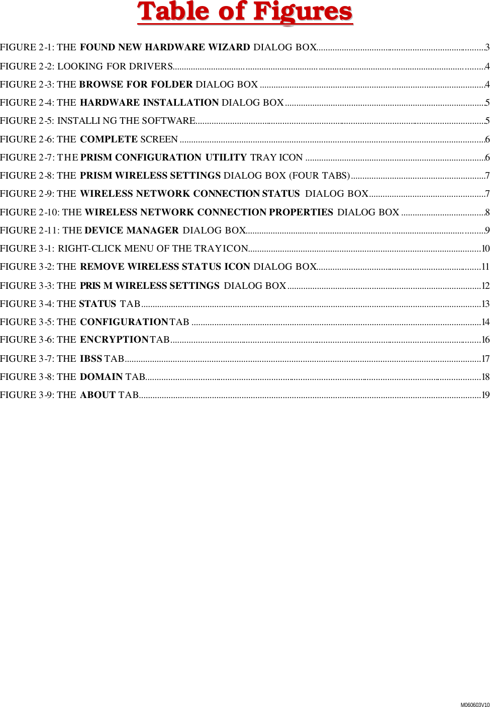  M060603V10 TTaabbllee  ooff  FFiigguurreess  FIGURE 2-1: THE  FOUND NEW HARDWARE WIZARD DIALOG BOX..........................................................................3 FIGURE 2-2: LOOKING FOR DRIVERS.........................................................................................................................................4 FIGURE 2-3: THE BROWSE FOR FOLDER DIALOG BOX ...................................................................................................4 FIGURE 2-4: THE  HARDWARE INSTALLATION DIALOG BOX........................................................................................5 FIGURE 2-5: INSTALLI NG THE SOFTWARE...............................................................................................................................5 FIGURE 2-6: THE  COMPLETE SCREEN ......................................................................................................................................6 FIGURE 2-7: THE PRISM CONFIGURATION UTILITY TRAY ICON ...............................................................................6 FIGURE 2-8: THE  PRISM WIRELESS SETTINGS DIALOG BOX (FOUR TABS)...........................................................7 FIGURE 2-9: THE  WIRELESS NETWORK CONNECTION STATUS  DIALOG BOX...................................................7 FIGURE 2-10: THE WIRELESS NETWORK CONNECTION PROPERTIES DIALOG BOX .....................................8 FIGURE 2-11: THE DEVICE MANAGER DIALOG BOX.........................................................................................................9 FIGURE 3-1: RIGHT-CLICK MENU OF THE TRAY ICON......................................................................................................10 FIGURE 3-2: THE  REMOVE WIRELESS STATUS ICON DIALOG BOX........................................................................11 FIGURE 3-3: THE  PRIS M WIRELESS SETTINGS DIALOG BOX.....................................................................................12 FIGURE 3-4: THE STATUS TAB.....................................................................................................................................................13 FIGURE 3-5: THE  CONFIGURATION TAB ...............................................................................................................................14 FIGURE 3-6: THE  ENCRYPTION TAB........................................................................................................................................16 FIGURE 3-7: THE  IBSS TAB............................................................................................................................................................17 FIGURE 3-8: THE  DOMAIN TAB...................................................................................................................................................18 FIGURE 3-9: THE  ABOUT TAB......................................................................................................................................................19 