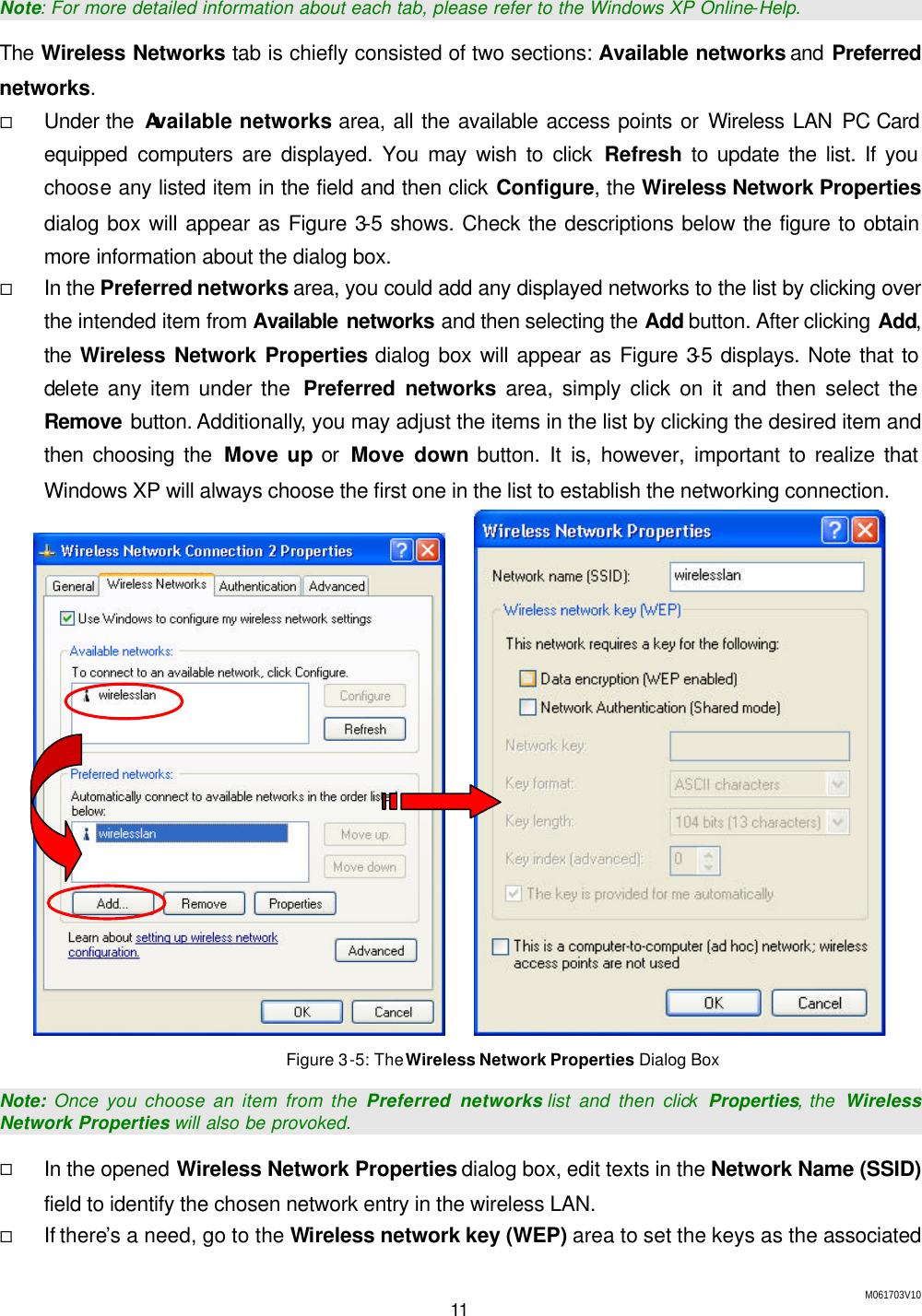 M061703V10 11  Note: For more detailed information about each tab, please refer to the Windows XP Online-Help. The Wireless Networks tab is chiefly consisted of two sections: Available networks and Preferred networks. &uml; Under the  Available networks area, all the available access points or Wireless LAN PC Card equipped computers are displayed. You may wish to click Refresh to update the list. If you choose any listed item in the field and then click Configure, the Wireless Network Properties dialog box will appear as Figure 3-5 shows. Check the descriptions below the figure to obtain more information about the dialog box. &uml; In the Preferred networks area, you could add any displayed networks to the list by clicking over the intended item from Available networks and then selecting the Add button. After clicking Add, the Wireless Network Properties dialog box will appear as Figure 3-5 displays. Note that to delete any item under the  Preferred networks area, simply click on it and then select the Remove button. Additionally, you may adjust the items in the list by clicking the desired item and then choosing the Move up or  Move down button. It is, however, important to realize that Windows XP will always choose the first one in the list to establish the networking connection.      Figure 3-5: The Wireless Network Properties Dialog Box Note: Once you choose an item from the Preferred networks list and then click Properties, the  Wireless Network Properties will also be provoked. &uml; In the opened Wireless Network Properties dialog box, edit texts in the Network Name (SSID) field to identify the chosen network entry in the wireless LAN. &uml; If there&rsquo;s a need, go to the Wireless network key (WEP) area to set the keys as the associated 