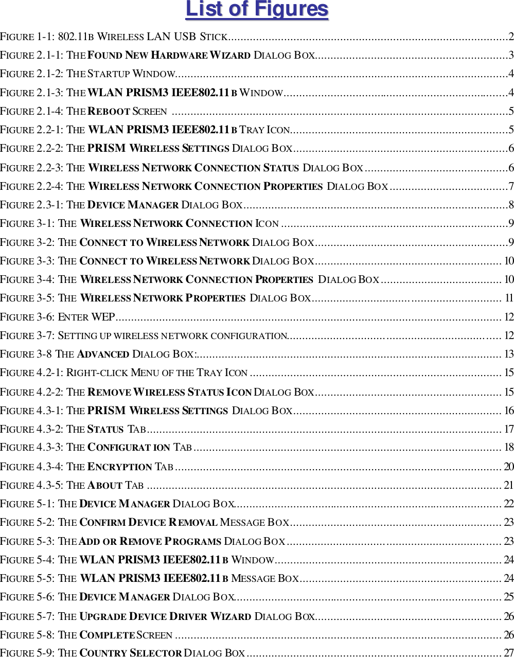 LLiisstt  ooff  FFiigguurreess  FIGURE 1-1: 802.11B WIRELESS LAN USB STICK..........................................................................................2 FIGURE 2.1-1: THE FOUND NEW HARDWARE WIZARD DIALOG BOX..............................................................3 FIGURE 2.1-2: THE STARTUP WINDOW...........................................................................................................4 FIGURE 2.1-3: THE WLAN PRISM3 IEEE802.11B WINDOW........................................................................4 FIGURE 2.1-4: THE REBOOT SCREEN ............................................................................................................5 FIGURE 2.2-1: THE  WLAN PRISM3 IEEE802.11B TRAY ICON......................................................................5 FIGURE 2.2-2: THE PRISM WIRELESS SETTINGS DIALOG BOX.....................................................................6 FIGURE 2.2-3: THE  WIRELESS NETWORK CONNECTION STATUS  DIALOG BOX ..............................................6 FIGURE 2.2-4: THE  WIRELESS NETWORK CONNECTION PROPERTIES  DIALOG BOX......................................7 FIGURE 2.3-1: THE DEVICE MANAGER DIALOG BOX.....................................................................................8 FIGURE 3-1: THE WIRELESS NETWORK CONNECTION ICON .........................................................................9 FIGURE 3-2: THE CONNECT TO WIRELESS NETWORK DIALOG BOX..............................................................9 FIGURE 3-3: THE CONNECT TO WIRELESS NETWORK DIALOG BOX............................................................10 FIGURE 3-4: THE WIRELESS NETWORK CONNECTION PROPERTIES  DIALOG BOX.......................................10 FIGURE 3-5: THE WIRELESS NETWORK PROPERTIES  DIALOG BOX............................................................. 11 FIGURE 3-6: ENTER WEP............................................................................................................................12 FIGURE 3-7: SETTING UP WIRELESS NETWORK CONFIGURATION.....................................................................12 FIGURE 3-8 THE ADVANCED DIALOG BOX:..................................................................................................13 FIGURE 4.2-1: RIGHT-CLICK MENU OF THE TRAY ICON .................................................................................15 FIGURE 4.2-2: THE REMOVE WIRELESS STATUS ICON DIALOG BOX............................................................15 FIGURE 4.3-1: THE PRISM WIRELESS SETTINGS  DIALOG BOX...................................................................16 FIGURE 4.3-2: THE STATUS  TAB..................................................................................................................17 FIGURE 4.3-3: THE CONFIGURAT ION TAB ...................................................................................................18 FIGURE 4.3-4: THE ENCRYPTION TAB.........................................................................................................20 FIGURE 4.3-5: THE ABOUT TAB ..................................................................................................................21 FIGURE 5-1: THE DEVICE MANAGER DIALOG BOX......................................................................................22 FIGURE 5-2: THE CONFIRM DEVICE REMOVAL MESSAGE BOX....................................................................23 FIGURE 5-3: THE ADD OR REMOVE  PROGRAMS DIALOG BOX.....................................................................23 FIGURE 5-4: THE WLAN PRISM3 IEEE802.11B WINDOW.........................................................................24 FIGURE 5-5: THE WLAN PRISM3 IEEE802.11B MESSAGE BOX.................................................................24 FIGURE 5-6: THE DEVICE MANAGER DIALOG BOX......................................................................................25 FIGURE 5-7: THE UPGRADE DEVICE DRIVER  WIZARD DIALOG BOX............................................................26 FIGURE 5-8: THE COMPLETE SCREEN .........................................................................................................26 FIGURE 5-9: THE COUNTRY SELECTOR DIALOG BOX ..................................................................................27  
