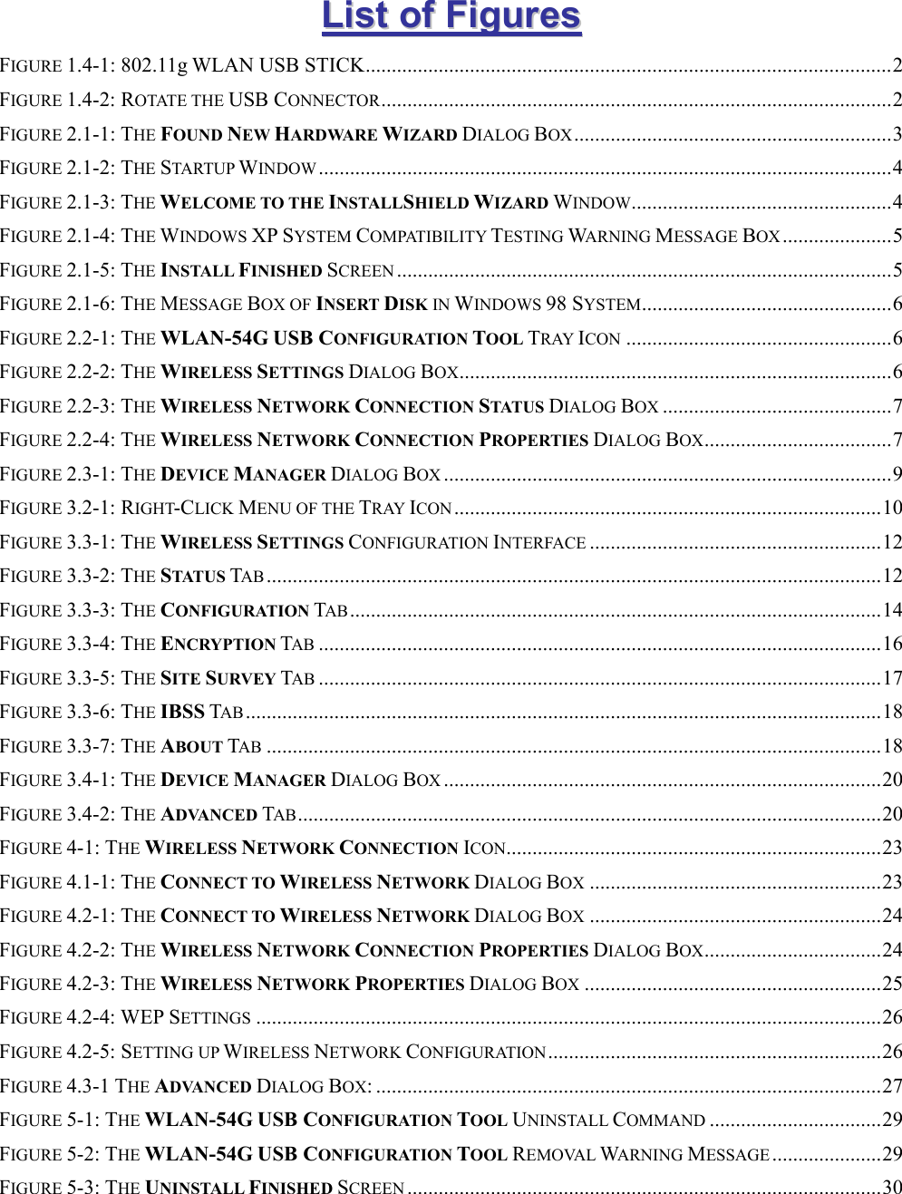   LLiisstt  ooff  FFiigguurreess  FIGURE 1.4-1: 802.11g WLAN USB STICK.....................................................................................................2 FIGURE 1.4-2: ROTATE THE USB CONNECTOR..................................................................................................2 FIGURE 2.1-1: THE FOUND NEW HARDWARE WIZARD DIALOG BOX.............................................................3 FIGURE 2.1-2: THE STARTUP WINDOW ..............................................................................................................4 FIGURE 2.1-3: THE WELCOME TO THE INSTALLSHIELD WIZARD WINDOW..................................................4 FIGURE 2.1-4: THE WINDOWS XP SYSTEM COMPATIBILITY TESTING WARNING MESSAGE BOX.....................5 FIGURE 2.1-5: THE INSTALL FINISHED SCREEN ...............................................................................................5 FIGURE 2.1-6: THE MESSAGE BOX OF INSERT DISK IN WINDOWS 98 SYSTEM................................................6 FIGURE 2.2-1: THE WLAN-54G USB CONFIGURATION TOOL TRAY ICON ...................................................6 FIGURE 2.2-2: THE WIRELESS SETTINGS DIALOG BOX...................................................................................6 FIGURE 2.2-3: THE WIRELESS NETWORK CONNECTION STATUS DIALOG BOX ............................................7 FIGURE 2.2-4: THE WIRELESS NETWORK CONNECTION PROPERTIES DIALOG BOX....................................7 FIGURE 2.3-1: THE DEVICE MANAGER DIALOG BOX ......................................................................................9 FIGURE 3.2-1: RIGHT-CLICK MENU OF THE TRAY ICON ..................................................................................10 FIGURE 3.3-1: THE WIRELESS SETTINGS CONFIGURATION INTERFACE ........................................................12 FIGURE 3.3-2: THE STATUS TAB ......................................................................................................................12 FIGURE 3.3-3: THE CONFIGURATION TAB......................................................................................................14 FIGURE 3.3-4: THE ENCRYPTION TAB ............................................................................................................16 FIGURE 3.3-5: THE SITE SURVEY TAB ............................................................................................................17 FIGURE 3.3-6: THE IBSS TAB ..........................................................................................................................18 FIGURE 3.3-7: THE ABOUT TAB ......................................................................................................................18 FIGURE 3.4-1: THE DEVICE MANAGER DIALOG BOX ....................................................................................20 FIGURE 3.4-2: THE ADVANCED TAB................................................................................................................20 FIGURE 4-1: THE WIRELESS NETWORK CONNECTION ICON........................................................................23 FIGURE 4.1-1: THE CONNECT TO WIRELESS NETWORK DIALOG BOX ........................................................23 FIGURE 4.2-1: THE CONNECT TO WIRELESS NETWORK DIALOG BOX ........................................................24 FIGURE 4.2-2: THE WIRELESS NETWORK CONNECTION PROPERTIES DIALOG BOX..................................24 FIGURE 4.2-3: THE WIRELESS NETWORK PROPERTIES DIALOG BOX .........................................................25 FIGURE 4.2-4: WEP SETTINGS ........................................................................................................................26 FIGURE 4.2-5: SETTING UP WIRELESS NETWORK CONFIGURATION................................................................26 FIGURE 4.3-1 THE ADVANCED DIALOG BOX: .................................................................................................27 FIGURE 5-1: THE WLAN-54G USB CONFIGURATION TOOL UNINSTALL COMMAND .................................29 FIGURE 5-2: THE WLAN-54G USB CONFIGURATION TOOL REMOVAL WARNING MESSAGE.....................29 FIGURE 5-3: THE UNINSTALL FINISHED SCREEN ...........................................................................................30 