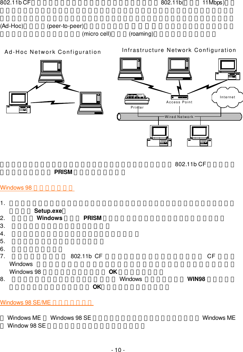   - 10 - 802.11b CF介面無線網路卡可讓您的電腦快速而平穩的與符合802.11b(速度達11Mbps)規範之網路溝通。無線區域網路是一個以無線電頻率取代實體線路，在個人電腦與其他聯結上的元件間，傳輸資料的區域網路。此外，無線區域網路之組態包括獨立網絡，亦稱為對等共享(Ad-Hoc)的點對點(peer-to-peer)傳輸模式；以及基礎建設模式。前者適合小型或暫時性的點對點傳輸，後者則透過微細胞(micro cell)及漫遊(roaming)提供大範圍的資料流通。  Wired NetworkAd-Hoc Network ConfigurationAccess PointInfrastructure Network ConfigurationPrinterInternet  請依據您使用的作業系統版本，在下文中選擇對應的段落，安裝您的 802.11b CF 介面無線網路卡，及產品內附的 PRISM 組態設定工具程式。 Windows 98 使用者安裝步驟 1. 將產品內附之安裝光碟置入您的光碟機，安裝精靈會自行啟動。若未自行開始安裝，則請手動執行 Setup.exe。 2. 歡迎使用 Windows 適用的 PRISM 驅動程式對話方塊會出現。點選完成以便繼續。 3. 在歡迎使用對話方塊中，點選下一步。 4. 在軟體授權合約對話方塊中，選擇是，接受合約。 5. 在安裝完成對話方塊中，點選完成。 6. 重新啟動您的電腦。 7. 電腦重新啟動後，將 802.11b CF 介面無線網路卡插入您個人電腦上的 CF 插槽。 Windows 會自動偵測新裝置，並出現發現新硬體之訊息方塊。這時您會被要求置入Windows 98 系統光碟，請插入並點選 OK 以繼續下一步驟。 8. 在複製檔案對話方塊中，點選瀏覽並指示 Windows 從光碟中名稱為 WIN98 的檔案夾內選擇適當的檔案安裝，然後點選 OK。數秒後，安裝全部完成。 Windows 98 SE/ME 使用者安裝步驟 在Windows ME 與Windows 98 SE 版作業系統下的安裝步驟相當類似。若您是 Windows ME或Window 98 SE 的使用者，請依照下列步驟進行安裝。  