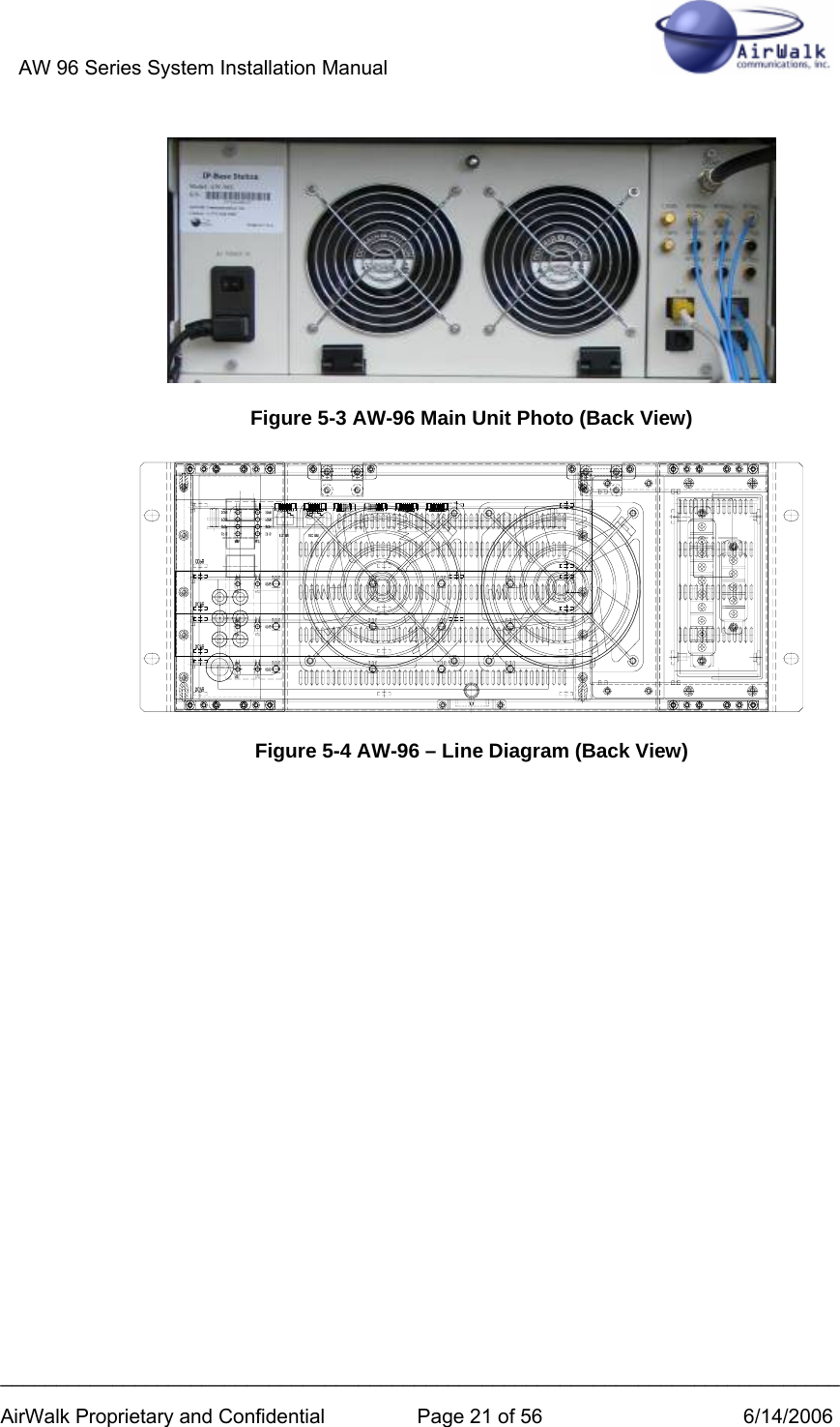 AW 96 Series System Installation Manual          ___________________________________________________________________________ AirWalk Proprietary and Confidential  Page 21 of 56  6/14/2006  Figure 5-3 AW-96 Main Unit Photo (Back View)   Figure 5-4 AW-96 – Line Diagram (Back View)             