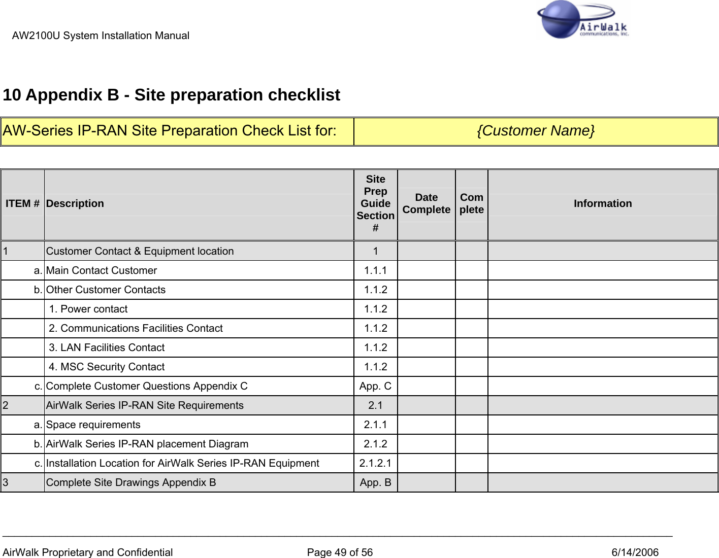 AW2100U System Installation Manual             __________________________________________________________________________________________________________________ AirWalk Proprietary and Confidential  Page 49 of 56  6/14/2006 10 Appendix B - Site preparation checklist AW-Series IP-RAN Site Preparation Check List for:   {Customer Name}  ITEM #  Description Site Prep Guide Section # Date Complete Complete Information 1  Customer Contact &amp; Equipment location  1   a. Main Contact Customer  1.1.1   b. Other Customer Contacts  1.1.2     1. Power contact  1.1.2     2. Communications Facilities Contact  1.1.2     3. LAN Facilities Contact  1.1.2     4. MSC Security Contact  1.1.2   c. Complete Customer Questions Appendix C  App. C  2  AirWalk Series IP-RAN Site Requirements  2.1   a. Space requirements  2.1.1   b. AirWalk Series IP-RAN placement Diagram  2.1.2   c. Installation Location for AirWalk Series IP-RAN Equipment  2.1.2.1  3  Complete Site Drawings Appendix B  App. B  