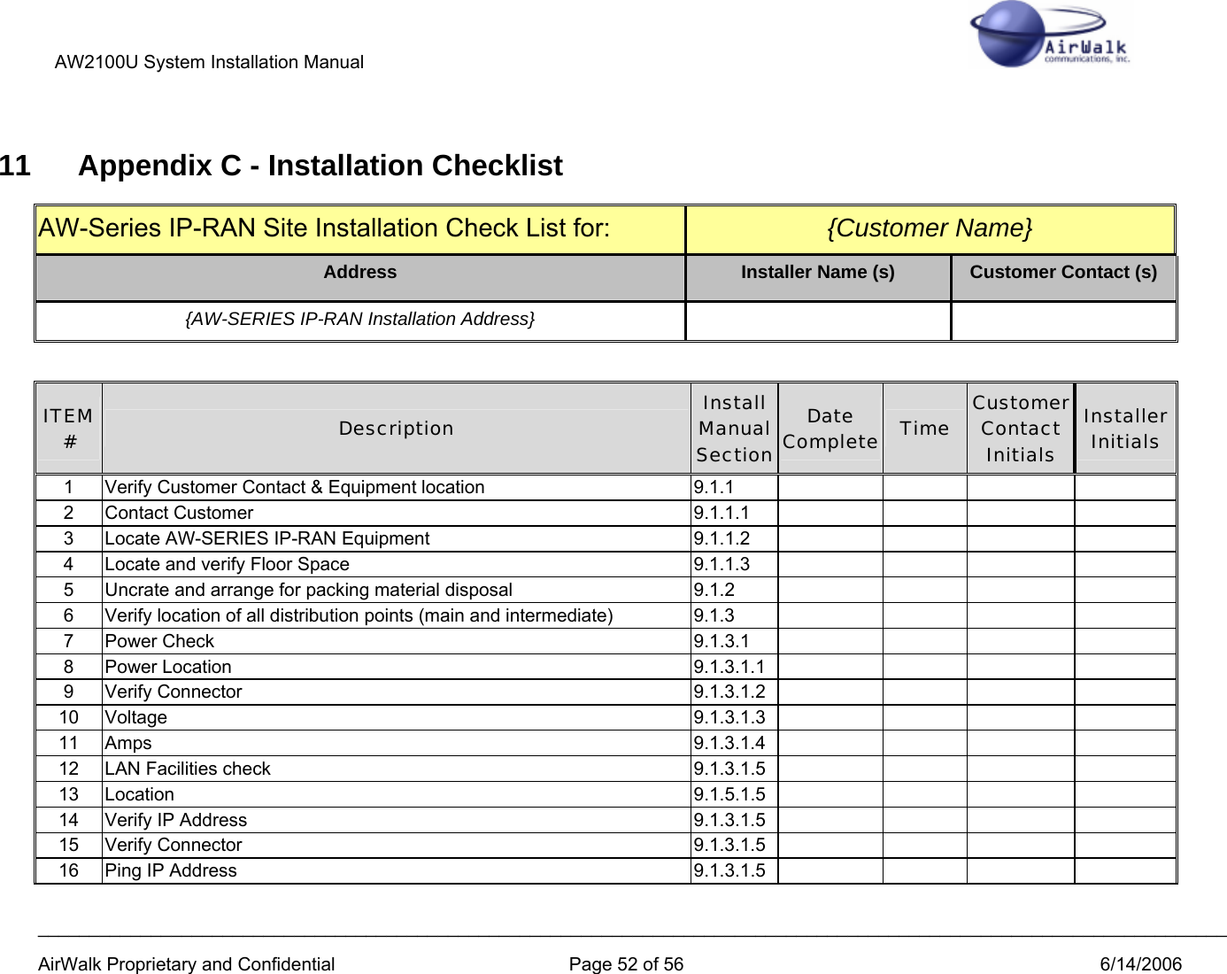 AW2100U System Installation Manual             ____________________________________________________________________________________________________________________ AirWalk Proprietary and Confidential  Page 52 of 56  6/14/2006 11  Appendix C - Installation Checklist AW-Series IP-RAN Site Installation Check List for:   {Customer Name} Address  Installer Name (s)  Customer Contact (s) {AW-SERIES IP-RAN Installation Address}     ITEM #  Description  Install Manual Section Date Complete Time  Customer Contact Initials Installer Initials 1  Verify Customer Contact &amp; Equipment location  9.1.1         2 Contact Customer  9.1.1.1        3  Locate AW-SERIES IP-RAN Equipment 9.1.1.2     4  Locate and verify Floor Space  9.1.1.3         5  Uncrate and arrange for packing material disposal  9.1.2         6  Verify location of all distribution points (main and intermediate)  9.1.3         7 Power Check  9.1.3.1        8 Power Location  9.1.3.1.1        9 Verify Connector  9.1.3.1.2        10 Voltage  9.1.3.1.3        11 Amps  9.1.3.1.4        12  LAN Facilities check 9.1.3.1.5     13 Location  9.1.5.1.5        14  Verify IP Address  9.1.3.1.5         15 Verify Connector  9.1.3.1.5        16  Ping IP Address  9.1.3.1.5         