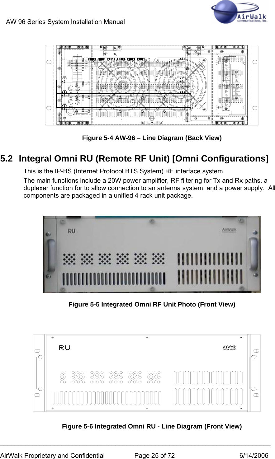 AW 96 Series System Installation Manual          ___________________________________________________________________________ AirWalk Proprietary and Confidential  Page 25 of 72  6/14/2006   Figure 5-4 AW-96 – Line Diagram (Back View) 5.2  Integral Omni RU (Remote RF Unit) [Omni Configurations] This is the IP-BS (Internet Protocol BTS System) RF interface system. The main functions include a 20W power amplifier, RF filtering for Tx and Rx paths, a duplexer function for to allow connection to an antenna system, and a power supply.  All components are packaged in a unified 4 rack unit package.   Figure 5-5 Integrated Omni RF Unit Photo (Front View)   Figure 5-6 Integrated Omni RU - Line Diagram (Front View) 