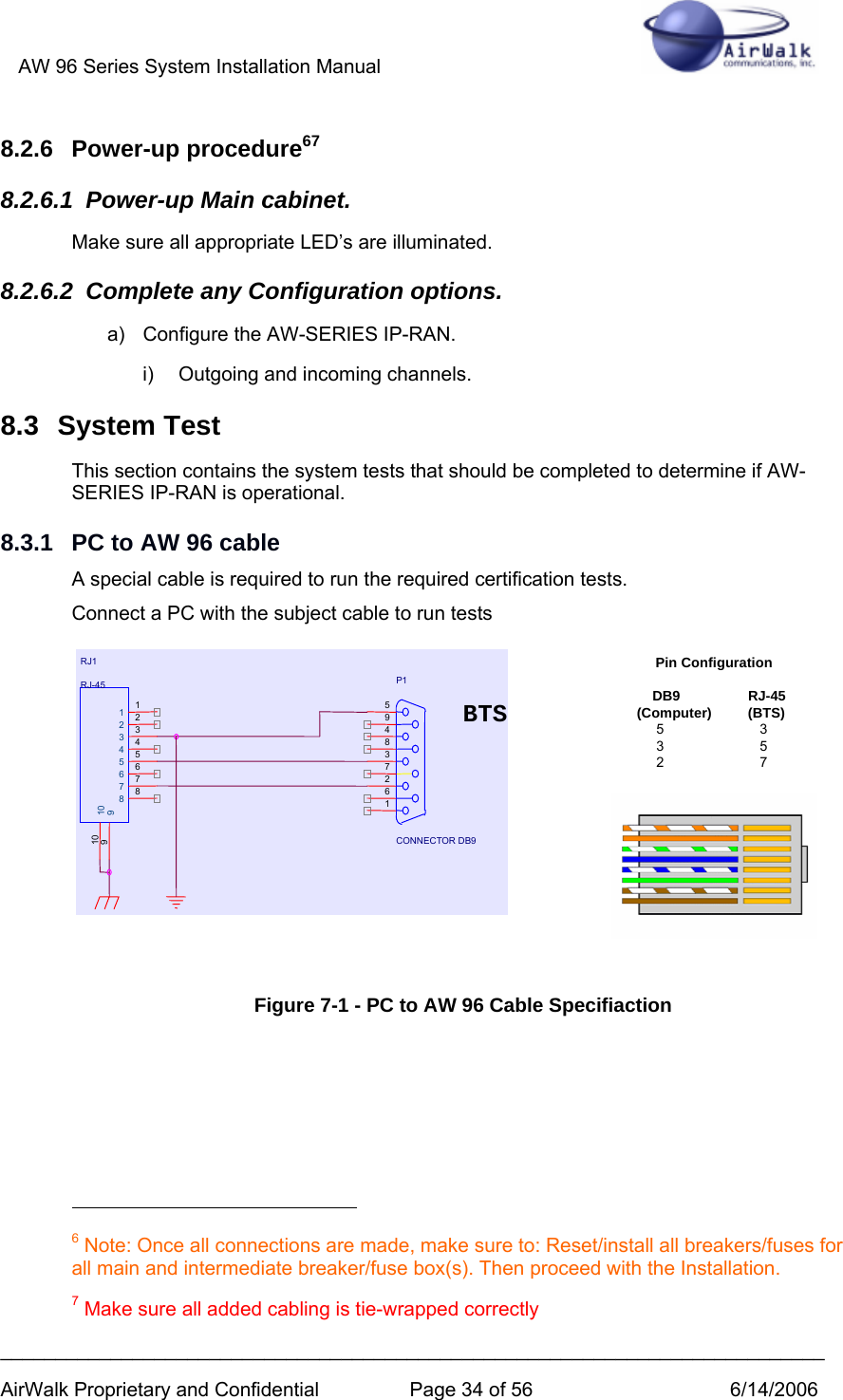 AW 96 Series System Installation Manual          ___________________________________________________________________________ AirWalk Proprietary and Confidential  Page 34 of 56  6/14/2006 8.2.6 Power-up procedure67 8.2.6.1  Power-up Main cabinet. Make sure all appropriate LED’s are illuminated. 8.2.6.2  Complete any Configuration options. a)  Configure the AW-SERIES IP-RAN. i)  Outgoing and incoming channels. 8.3 System Test This section contains the system tests that should be completed to determine if AW-SERIES IP-RAN is operational. 8.3.1  PC to AW 96 cable A special cable is required to run the required certification tests. Connect a PC with the subject cable to run tests  BTSP1CONNECTOR DB9594837261RJ1RJ-451234567891012345678910BTSP1CONNECTOR DB9594837261RJ1RJ-451234567891012345678910Pin Configuration    DB9 RJ-45(Computer) (BTS)     5    3     3    5     2    7 Figure 7-1 - PC to AW 96 Cable Specifiaction                                                       6 Note: Once all connections are made, make sure to: Reset/install all breakers/fuses for all main and intermediate breaker/fuse box(s). Then proceed with the Installation. 7 Make sure all added cabling is tie-wrapped correctly 