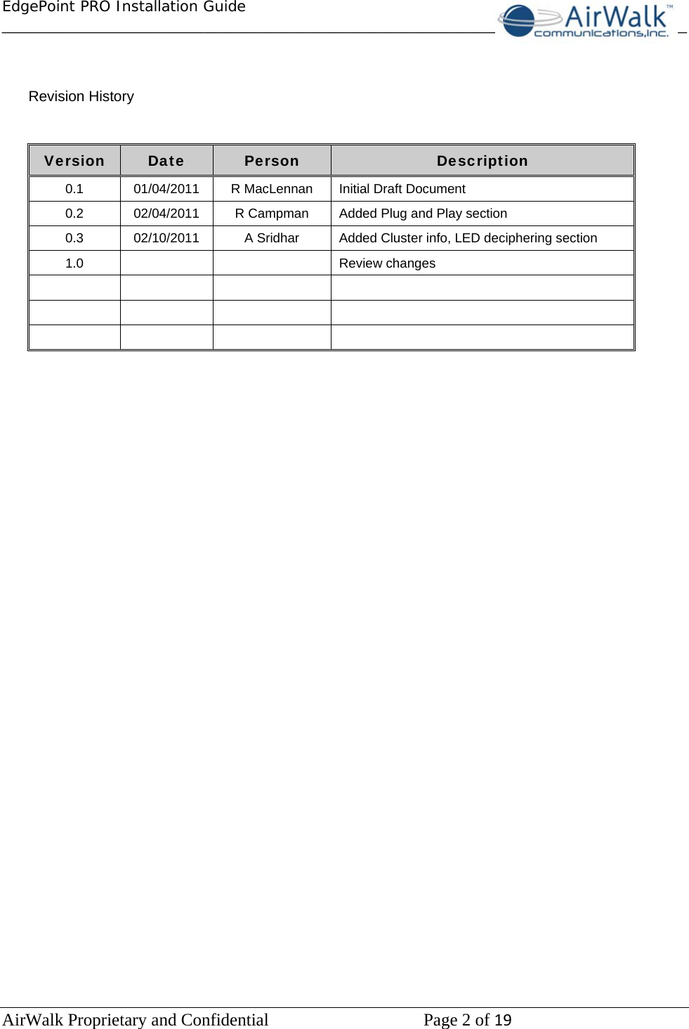 EdgePoint PRO Installation Guide______________________________________________________________________________ AirWalk Proprietary and Confidential   Page 2 of 19    Revision History  Version  Date  Person  Description 0.1  01/04/2011  R MacLennan  Initial Draft Document 0.2  02/04/2011  R Campman  Added Plug and Play section 0.3  02/10/2011  A Sridhar  Added Cluster info, LED deciphering section 1.0    Review changes                  