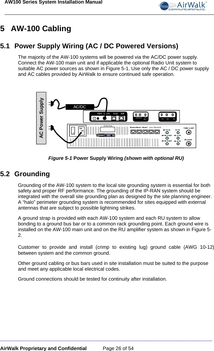 AW100 Series System Installation Manual ____________________________________________________________________________ _____________________________________________________________________________ AirWalk Proprietary and Confidential  Page 26 of 54 5 AW-100 Cabling 5.1  Power Supply Wiring (AC / DC Powered Versions) The majority of the AW-100 systems will be powered via the AC/DC power supply. Connect the AW-100 main unit and if applicable the optional Radio Unit system to suitable AC power sources as shown in Figure 5-1. Use only the AC / DC power supply and AC cables provided by AirWalk to ensure continued safe operation.  10MEVENGPSAN T TRX RXA RXBPWR 12 VDCRUIF  BSIFID SettingMasterSlave1 Slave2TX TPRX_A TPRX_B TPRF TX I NRF RX_A OUTRF RX_B OUTTX/RX_A ANTRX_B ANTTX TPRX_A TPRX_B TPTX TPRX_A TPRX_B TPRF TX INRF RX_A OUTRF RX_B OUTRF TX INRF RX_A OUTRF RX_B OUTTX/RX_A ANTRX_B ANTTX/RX_A ANTRX_B ANTMasterSlave1 Slave2MasterSlave1 Slave2 Test PSU ALMID SettingIOAC Power SupplyAC/DC Figure 5-1 Power Supply Wiring (shown with optional RU) 5.2 Grounding Grounding of the AW-100 system to the local site grounding system is essential for both safety and proper RF performance. The grounding of the IP-RAN system should be integrated with the overall site grounding plan as designed by the site planning engineer. A “halo” perimeter grounding system is recommended for sites equipped with external antennas that are subject to possible lightning strikes. A ground strap is provided with each AW-100 system and each RU system to allow bonding to a ground bus bar or to a common rack grounding point. Each ground wire is installed on the AW-100 main unit and on the RU amplifier system as shown in Figure 5-2. Customer to provide and install (crimp to existing lug) ground cable (AWG 10-12) between system and the common ground. Other ground cabling or bus bars used in site installation must be suited to the purpose and meet any applicable local electrical codes. Ground connections should be tested for continuity after installation.  