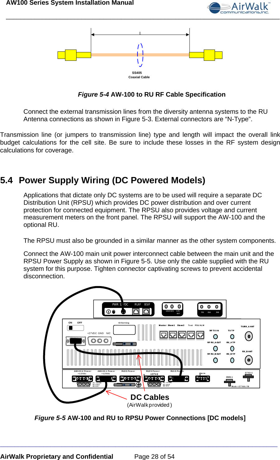 AW100 Series System Installation Manual ____________________________________________________________________________ _____________________________________________________________________________ AirWalk Proprietary and Confidential  Page 28 of 54  Figure 5-4 AW-100 to RU RF Cable Specification Connect the external transmission lines from the diversity antenna systems to the RU Antenna connections as shown in Figure 5-3. External connectors are “N-Type”. Transmission line (or jumpers to transmission line) type and length will impact the overall link budget calculations for the cell site. Be sure to include these losses in the RF system design calculations for coverage.  5.4  Power Supply Wiring (DC Powered Models) Applications that dictate only DC systems are to be used will require a separate DC Distribution Unit (RPSU) which provides DC power distribution and over current protection for connected equipment. The RPSU also provides voltage and current measurement meters on the front panel. The RPSU will support the AW-100 and the optional RU. The RPSU must also be grounded in a similar manner as the other system components. Connect the AW-100 main unit power interconnect cable between the main unit and the RPSU Power Supply as shown in Figure 5-5. Use only the cable supplied with the RU system for this purpose. Tighten connector captivating screws to prevent accidental disconnection. DC Cables (AirWalk provided )ID SettingMaster Slave1 Slave2TX TPRX_A TPRX_B TPRF TX INRF RX_A OUTRF RX_B OUTTX/RX_A ANTRX_B ANTID SettingTX TPRX_A TPRX_B TPTX TPRX_A TPRX_B TPRF TX I NRF RX_A OUTRF RX_B OUTRF TX I NRF RX_A OUTRF RX_B OUTTX/RX_A ANTRX_B ANTTX/RX_A ANTRX_B ANTMaster Slave1 Slave2Master Slave1 Slave2 Test PSU ALMON    OFF+27VDC  GND     N/C10MEVENGPSAN T TRX RXA RXBPWR 12VDC   RUIF  BSIFMain +27Vdc INRU3S Power RU2S Power RU1S PowerGND( -)Alar mA1:  + 1 2 v DCA2:  G N DA3:  N / CAW100-2 Power+12Vdc 27V(+)AW100-1 Power+12Vdc+27VdcA1 A2 A3A1:  +27v DCA2:  G N DA3:  N / CA1 A2 A3 Figure 5-5 AW-100 and RU to RPSU Power Connections [DC models]     SS405Coaxial CableL