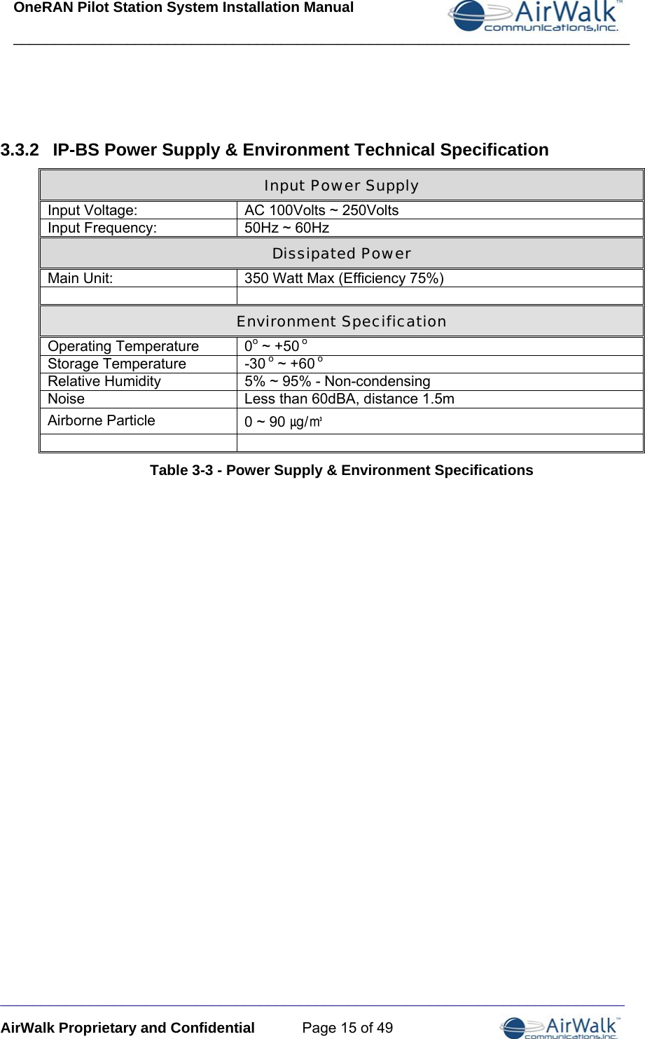 OneRAN Pilot Station System Installation Manual ____________________________________________________________________________  _____________________________________________________________________________ AirWalk Proprietary and Confidential  Page 15 of 49  3.3.2  IP-BS Power Supply &amp; Environment Technical Specification Input Power Supply Input Voltage:  AC 100Volts ~ 250Volts Input Frequency:  50Hz ~ 60Hz Dissipated Power Main Unit:  350 Watt Max (Efficiency 75%)   Environment Specification Operating Temperature  0o ~ +50 o Storage Temperature  -30 o ~ +60 o Relative Humidity   5% ~ 95% - Non-condensing Noise  Less than 60dBA, distance 1.5m Airborne Particle  0 ~ 90 ㎍/㎥   Table 3-3 - Power Supply &amp; Environment Specifications 