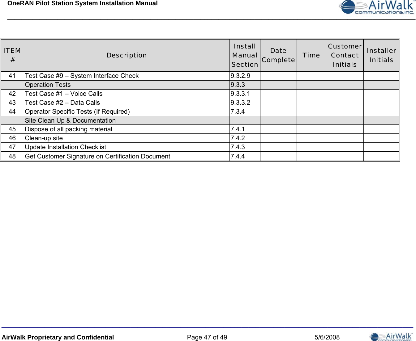 OneRAN Pilot Station System Installation Manual __________________________________________________________________________________________________________________  ___________________________________________________________________________________________________________________ AirWalk Proprietary and Confidential  Page 47 of 49  5/6/2008 ITEM #  Description  Install Manual Section Date Complete Time  Customer Contact Initials Installer Initials 41  Test Case #9 – System Interface Check  9.3.2.9          Operation Tests  9.3.3         42  Test Case #1 – Voice Calls  9.3.3.1         43  Test Case #2 – Data Calls  9.3.3.2         44  Operator Specific Tests (If Required)  7.3.4       Site Clean Up &amp; Documentation           45  Dispose of all packing material  7.4.1      46 Clean-up site  7.4.2      47  Update Installation Checklist  7.4.3      48  Get Customer Signature on Certification Document  7.4.4      