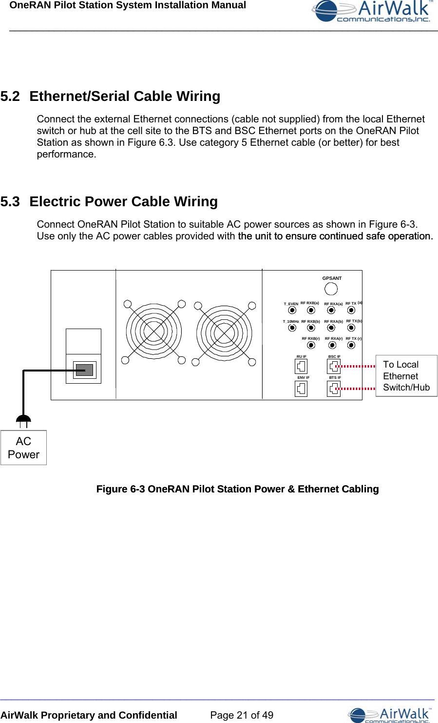 OneRAN Pilot Station System Installation Manual ____________________________________________________________________________  _____________________________________________________________________________ AirWalk Proprietary and Confidential  Page 21 of 49  5.2  Ethernet/Serial Cable Wiring Connect the external Ethernet connections (cable not supplied) from the local Ethernet switch or hub at the cell site to the BTS and BSC Ethernet ports on the OneRAN Pilot Station as shown in Figure 6.3. Use category 5 Ethernet cable (or better) for best performance.  5.3  Electric Power Cable Wiring Connect OneRAN Pilot Station to suitable AC power sources as shown in Figure 6-3. Use only the AC power cables provided with the unit to ensure continued safe operation. the unit to ensure continued safe operation.                       Figure 6-3 OneRAN Pilot Station Power &amp; Ethernet Cabling Figure 6-3 OneRAN Pilot Station Power &amp; Ethernet Cabling   GPSANTRF RXA(a) RF TX (a)RF TX(b)RF RXB(r) RF RXA(r) RF TX (r)T_EVENT_10MHzRU IF BSC IFENV IF BTS IFRF RXB(a)RF RXB(b) RF RXA(b)GPSANTRF RXA(a) RF TX (a)RF TX(b)RF RXB(r) RF RXA(r) RF TX (r)T_EVENT_10MHzRU IF BSC IFENV IF BTS IFRF RXB(a)RF RXB(b) RF RXA(b)To LocalEthernetSwitch/HubACPower