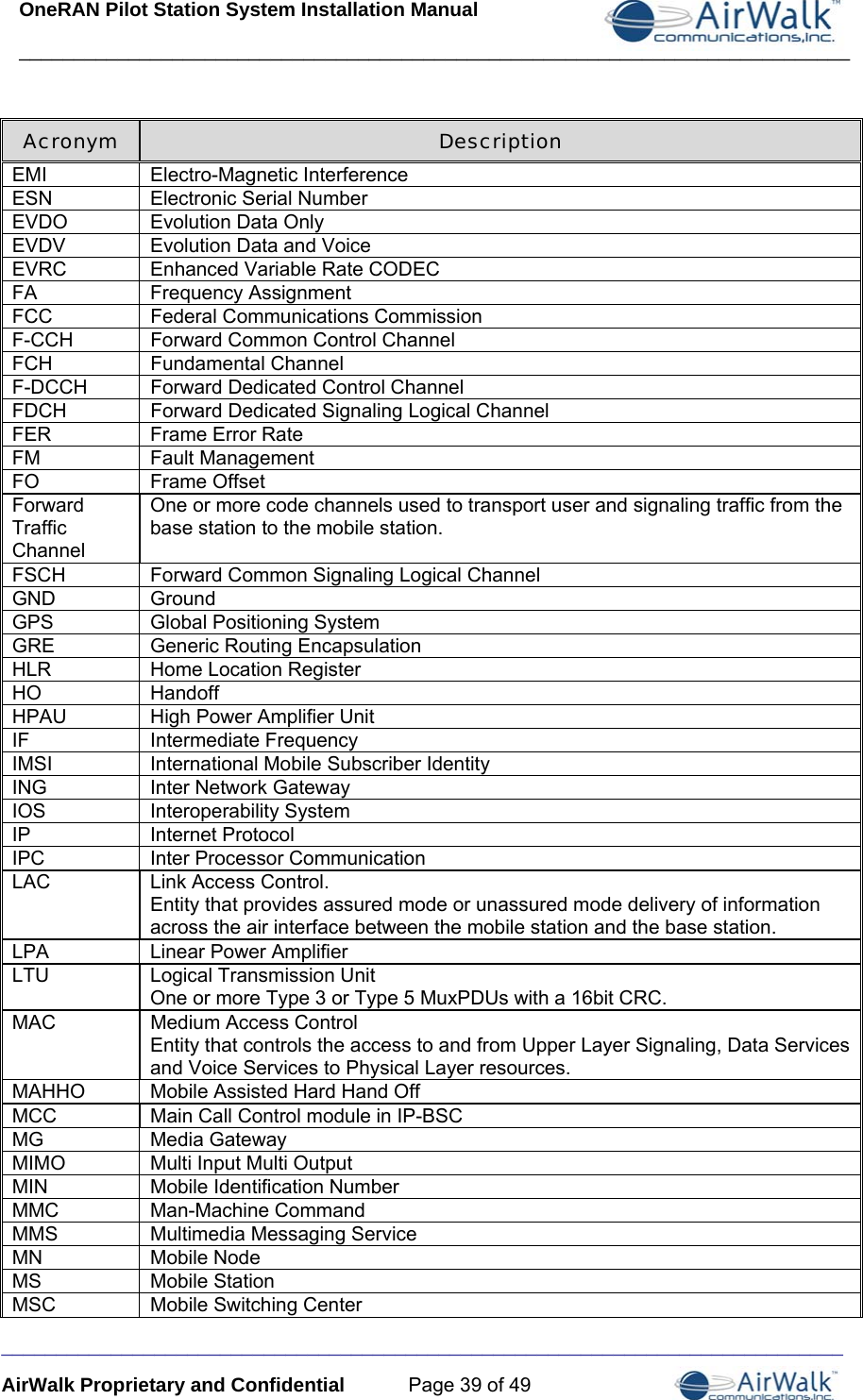 OneRAN Pilot Station System Installation Manual ____________________________________________________________________________  _____________________________________________________________________________ AirWalk Proprietary and Confidential  Page 39 of 49 Acronym  Description EMI Electro-Magnetic Interference ESN  Electronic Serial Number EVDO  Evolution Data Only EVDV  Evolution Data and Voice EVRC  Enhanced Variable Rate CODEC FA Frequency Assignment FCC Federal Communications Commission F-CCH  Forward Common Control Channel FCH Fundamental Channel F-DCCH  Forward Dedicated Control Channel FDCH  Forward Dedicated Signaling Logical Channel FER Frame Error Rate FM Fault Management FO Frame Offset Forward Traffic Channel One or more code channels used to transport user and signaling traffic from the base station to the mobile station.  FSCH  Forward Common Signaling Logical Channel GND Ground GPS  Global Positioning System GRE  Generic Routing Encapsulation HLR  Home Location Register HO Handoff HPAU  High Power Amplifier Unit IF Intermediate Frequency IMSI  International Mobile Subscriber Identity ING  Inter Network Gateway IOS Interoperability System IP Internet Protocol IPC  Inter Processor Communication LAC Link Access Control. Entity that provides assured mode or unassured mode delivery of information across the air interface between the mobile station and the base station. LPA  Linear Power Amplifier LTU Logical Transmission Unit One or more Type 3 or Type 5 MuxPDUs with a 16bit CRC. MAC Medium Access Control Entity that controls the access to and from Upper Layer Signaling, Data Services and Voice Services to Physical Layer resources. MAHHO  Mobile Assisted Hard Hand Off MCC  Main Call Control module in IP-BSC MG Media Gateway MIMO  Multi Input Multi Output MIN Mobile Identification Number MMC Man-Machine Command MMS  Multimedia Messaging Service MN Mobile Node MS Mobile Station MSC  Mobile Switching Center 