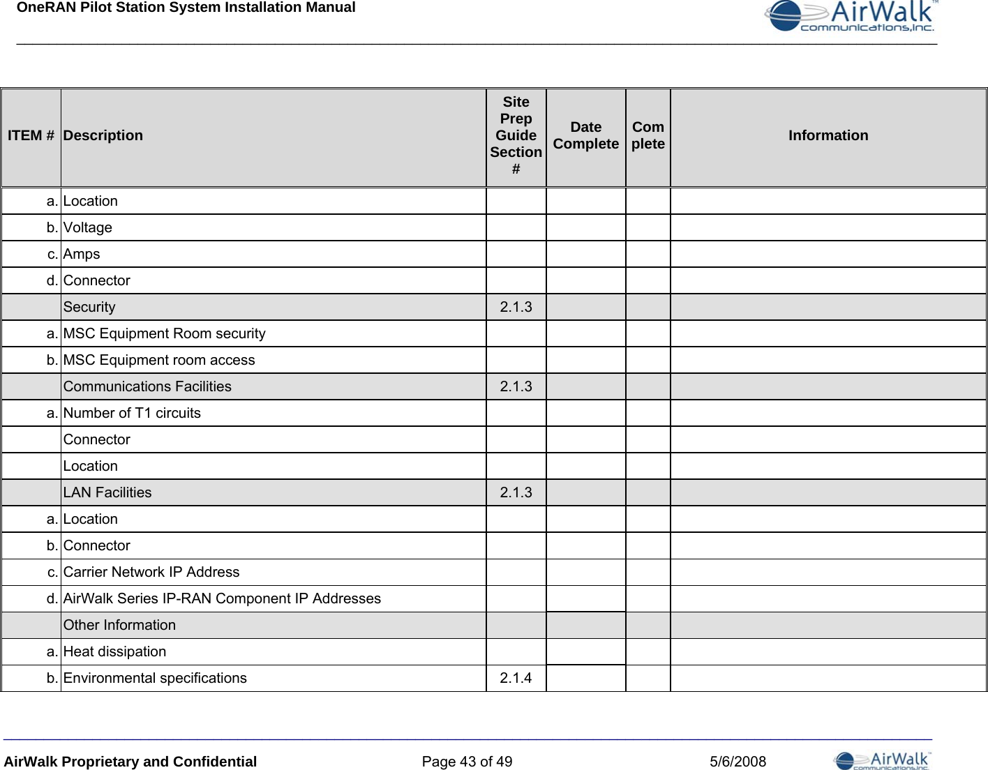 OneRAN Pilot Station System Installation Manual __________________________________________________________________________________________________________________  ITEM #  Description Site Prep Guide Section Date  CompleteComplete# Information a. Location     b. Voltage     c. Amps     d. Connector      Security  2.1.3   a. MSC Equipment Room security     b. MSC Equipment room access      Communications Facilities  2.1.3   a. Number of T1 circuits      Connector      Location      LAN Facilities  2.1.3   a. Location     b. Connector     c. Carrier Network IP Address     d. AirWalk Series IP-RAN Component IP Addresses      Other Information     a. Heat dissipation     b. Environmental specifications  2.1.4   ___________________________________________________________________________________________________________________ AirWalk Proprietary and Confidential  Page 43 of 49  5/6/2008 