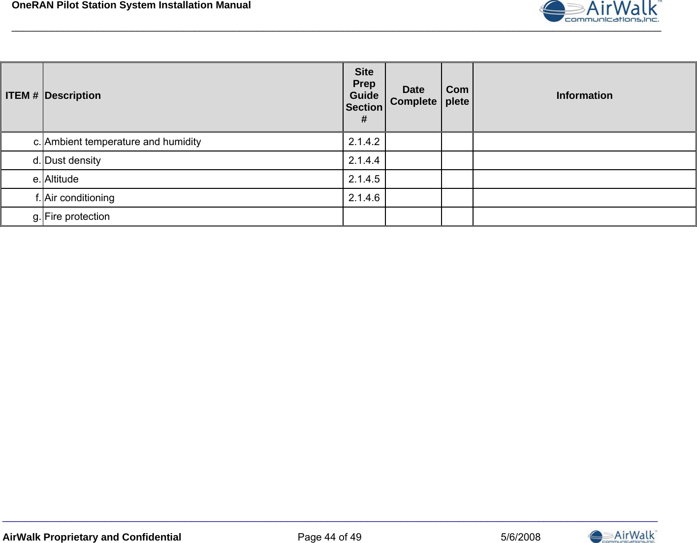 OneRAN Pilot Station System Installation Manual __________________________________________________________________________________________________________________  ___________________________________________________________________________________________________________________ AirWalk Proprietary and Confidential  Page 44 of 49  5/6/2008 ITEM #  Description Site Prep Guide Section # Date Complete Complete Information c. Ambient temperature and humidity  2.1.4.2  d. Dust density  2.1.4.4  e. Altitude  2.1.4.5  f. Air conditioning  2.1.4.6  g. Fire protection      