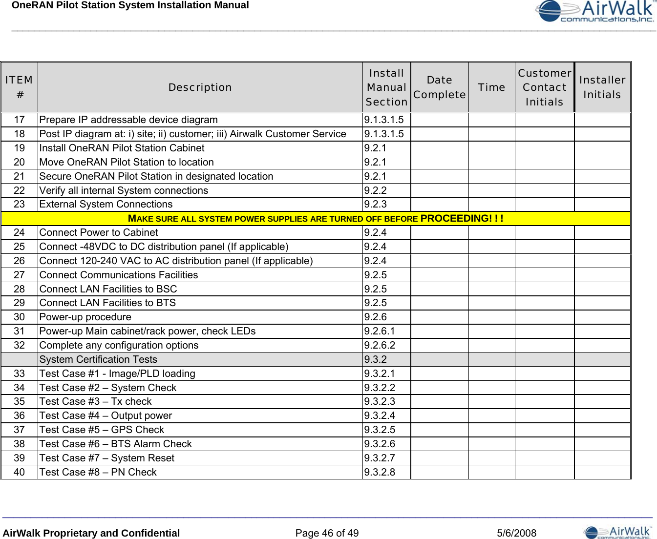 OneRAN Pilot Station System Installation Manual __________________________________________________________________________________________________________________  ___________________________________________________________________________________________________________________ AirWalk Proprietary and Confidential  Page 46 of 49  5/6/2008 ITEM #  Description  Install Manual Section Date Complete Time  Customer Contact Initials Installer Initials 17  Prepare IP addressable device diagram  9.1.3.1.5         18  Post IP diagram at: i) site; ii) customer; iii) Airwalk Customer Service 9.1.3.1.5        19  Install OneRAN Pilot Station Cabinet  9.2.1         20  Move OneRAN Pilot Station to location  9.2.1         21  Secure OneRAN Pilot Station in designated location  9.2.1         22  Verify all internal System connections  9.2.2         23  External System Connections  9.2.3         MAKE SURE ALL SYSTEM POWER SUPPLIES ARE TURNED OFF BEFORE PROCEEDING! ! ! 24  Connect Power to Cabinet  9.2.4         25  Connect -48VDC to DC distribution panel (If applicable)  9.2.4         26  Connect 120-240 VAC to AC distribution panel (If applicable)  9.2.4         27 Connect Communications Facilities 9.2.5     28  Connect LAN Facilities to BSC  9.2.5         29  Connect LAN Facilities to BTS  9.2.5         30 Power-up procedure  9.2.6         31  Power-up Main cabinet/rack power, check LEDs  9.2.6.1         32  Complete any configuration options  9.2.6.2          System Certification Tests  9.3.2         33  Test Case #1 - Image/PLD loading  9.3.2.1         34  Test Case #2 – System Check  9.3.2.2         35  Test Case #3 – Tx check  9.3.2.3         36  Test Case #4 – Output power  9.3.2.4         37  Test Case #5 – GPS Check  9.3.2.5         38  Test Case #6 – BTS Alarm Check  9.3.2.6         39  Test Case #7 – System Reset  9.3.2.7         40  Test Case #8 – PN Check  9.3.2.8         