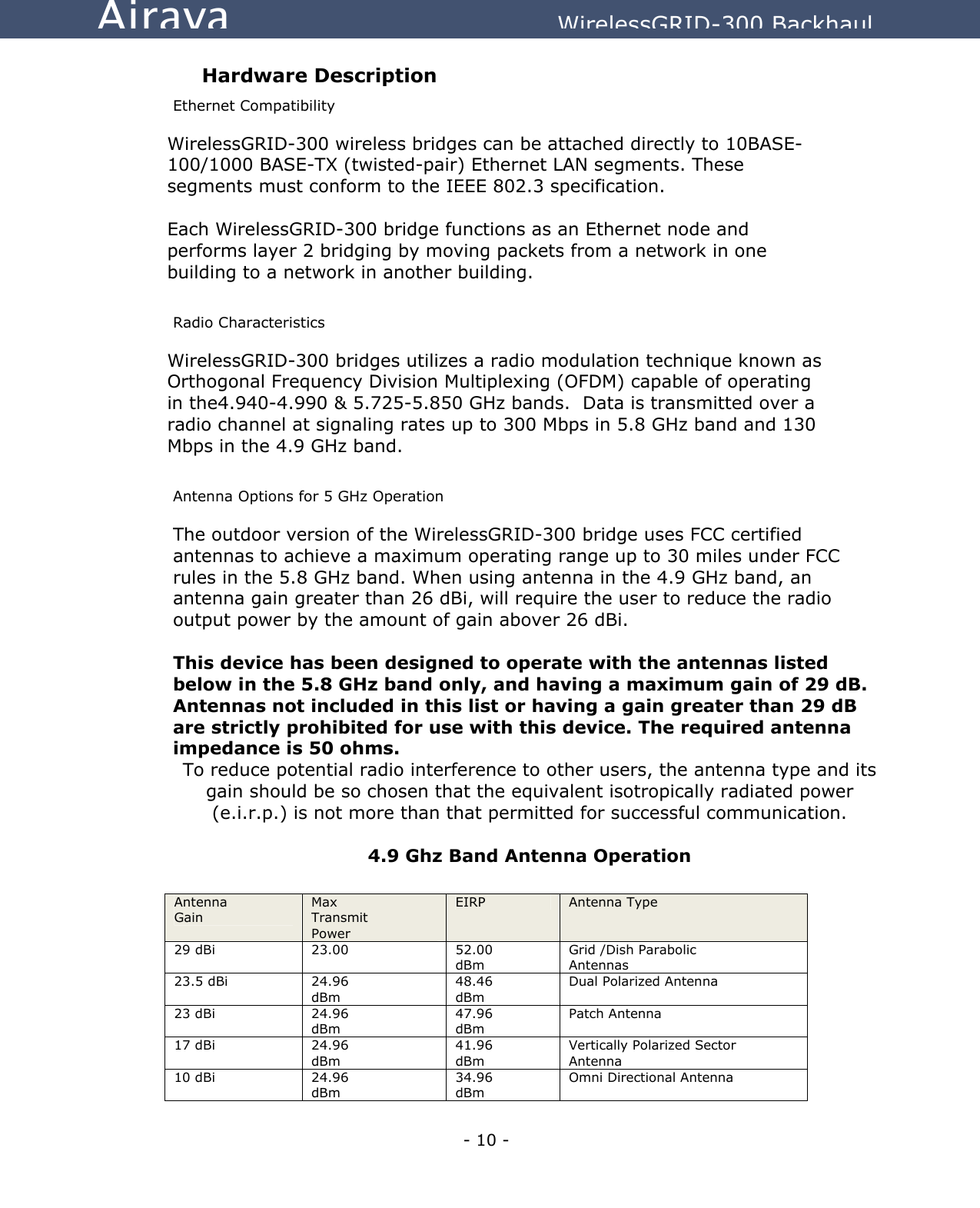   - 10 - Airaya          WirelessGRID-300 Backhaul Hardware Description Ethernet Compatibility WirelessGRID-300 wireless bridges can be attached directly to 10BASE-100/1000 BASE-TX (twisted-pair) Ethernet LAN segments. These segments must conform to the IEEE 802.3 specification.  Each WirelessGRID-300 bridge functions as an Ethernet node and performs layer 2 bridging by moving packets from a network in one building to a network in another building.  Radio Characteristics WirelessGRID-300 bridges utilizes a radio modulation technique known as Orthogonal Frequency Division Multiplexing (OFDM) capable of operating in the4.940-4.990 &amp; 5.725-5.850 GHz bands.  Data is transmitted over a radio channel at signaling rates up to 300 Mbps in 5.8 GHz band and 130 Mbps in the 4.9 GHz band.    Antenna Options for 5 GHz Operation The outdoor version of the WirelessGRID-300 bridge uses FCC certified antennas to achieve a maximum operating range up to 30 miles under FCC rules in the 5.8 GHz band. When using antenna in the 4.9 GHz band, an antenna gain greater than 26 dBi, will require the user to reduce the radio output power by the amount of gain abover 26 dBi.    This device has been designed to operate with the antennas listed below in the 5.8 GHz band only, and having a maximum gain of 29 dB. Antennas not included in this list or having a gain greater than 29 dB are strictly prohibited for use with this device. The required antenna impedance is 50 ohms. To reduce potential radio interference to other users, the antenna type and its gain should be so chosen that the equivalent isotropically radiated power (e.i.r.p.) is not more than that permitted for successful communication.   4.9 Ghz Band Antenna Operation  Antenna Gain Max Transmit Power EIRP  Antenna Type 29 dBi  23.00  52.00 dBm Grid /Dish Parabolic Antennas 23.5 dBi  24.96 dBm 48.46 dBm Dual Polarized Antenna 23 dBi  24.96 dBm 47.96 dBm Patch Antenna 17 dBi  24.96 dBm 41.96 dBm Vertically Polarized Sector Antenna 10 dBi  24.96 dBm 34.96 dBm Omni Directional Antenna 