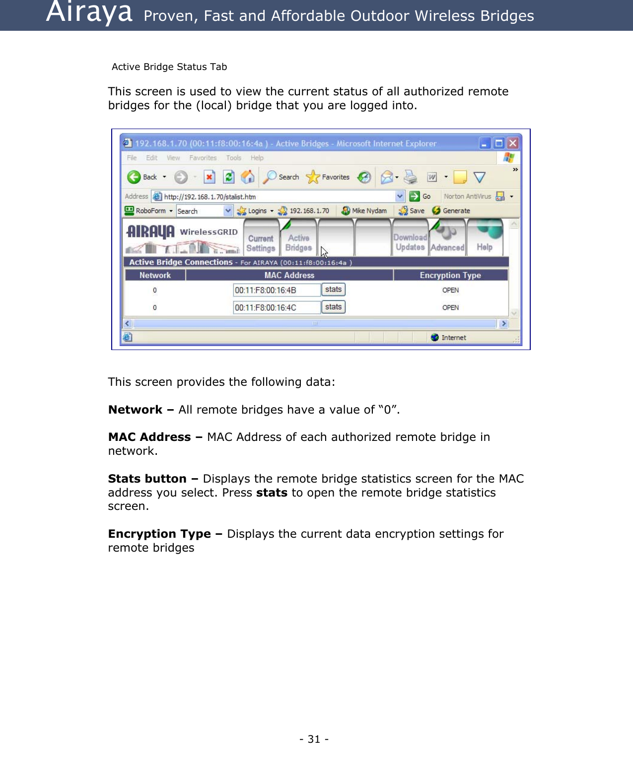 Airaya - 31 - Airaya  Proven, Fast and Affordable Outdoor Wireless Bridges  Active Bridge Status Tab This screen is used to view the current status of all authorized remote bridges for the (local) bridge that you are logged into.                     This screen provides the following data:  Network – All remote bridges have a value of “0”.  MAC Address – MAC Address of each authorized remote bridge in network.  Stats button – Displays the remote bridge statistics screen for the MAC address you select. Press stats to open the remote bridge statistics screen.  Encryption Type – Displays the current data encryption settings for remote bridges         