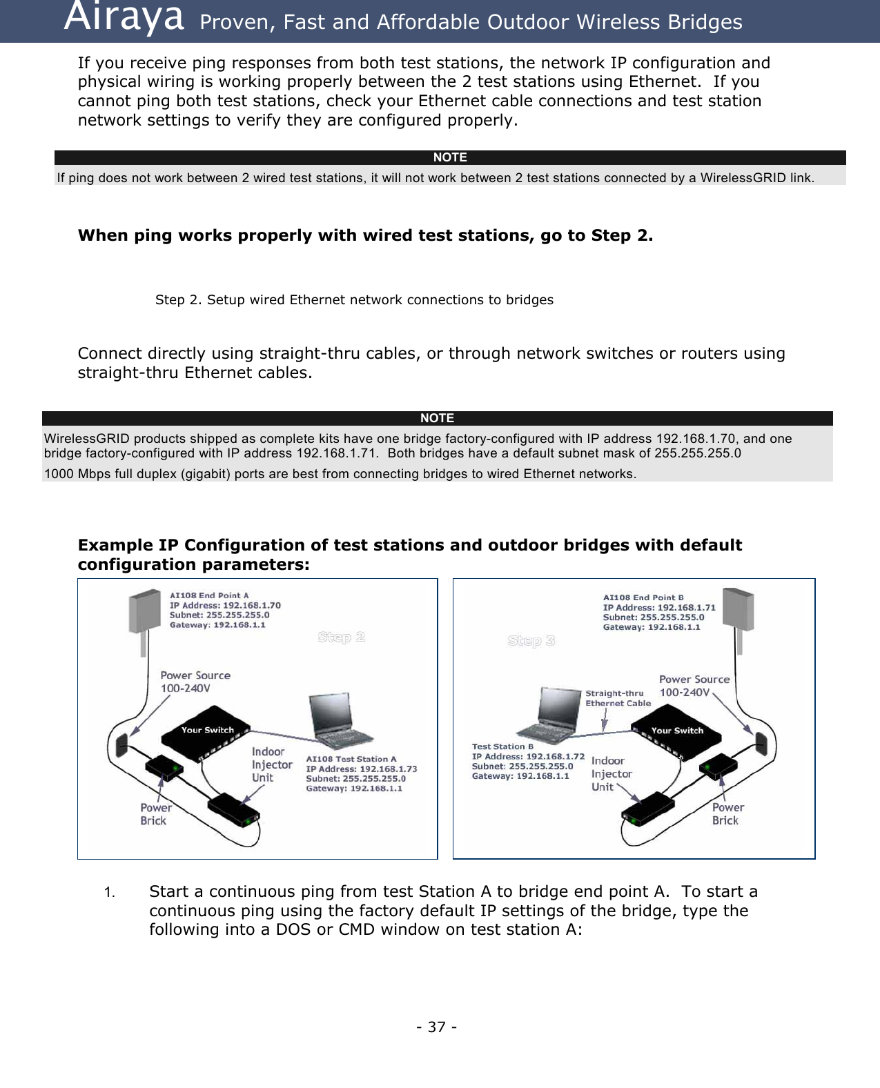 Airaya - 37 - Airaya  Proven, Fast and Affordable Outdoor Wireless Bridges If you receive ping responses from both test stations, the network IP configuration and physical wiring is working properly between the 2 test stations using Ethernet.  If you cannot ping both test stations, check your Ethernet cable connections and test station network settings to verify they are configured properly.          When ping works properly with wired test stations, go to Step 2.   Step 2. Setup wired Ethernet network connections to bridges    Connect directly using straight-thru cables, or through network switches or routers using straight-thru Ethernet cables.          Example IP Configuration of test stations and outdoor bridges with default configuration parameters:  1.  Start a continuous ping from test Station A to bridge end point A.  To start a continuous ping using the factory default IP settings of the bridge, type the following into a DOS or CMD window on test station A:     NOTE WirelessGRID products shipped as complete kits have one bridge factory-configured with IP address 192.168.1.70, and one bridge factory-configured with IP address 192.168.1.71.  Both bridges have a default subnet mask of 255.255.255.0 1000 Mbps full duplex (gigabit) ports are best from connecting bridges to wired Ethernet networks. NOTE If ping does not work between 2 wired test stations, it will not work between 2 test stations connected by a WirelessGRID link.  
