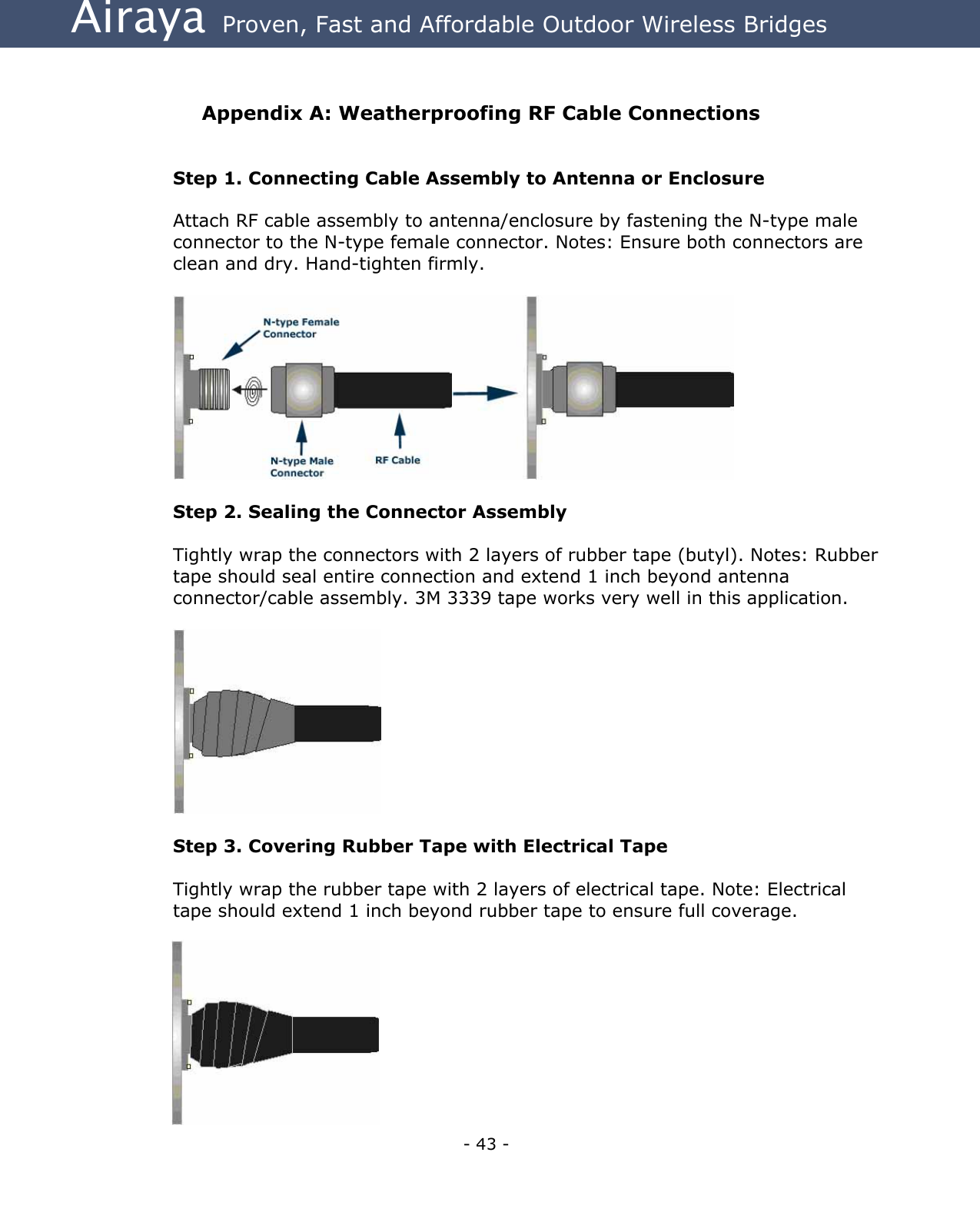Airaya - 43 - Airaya  Proven, Fast and Affordable Outdoor Wireless Bridges  Appendix A: Weatherproofing RF Cable Connections  Step 1. Connecting Cable Assembly to Antenna or Enclosure  Attach RF cable assembly to antenna/enclosure by fastening the N-type male connector to the N-type female connector. Notes: Ensure both connectors are clean and dry. Hand-tighten firmly.    Step 2. Sealing the Connector Assembly  Tightly wrap the connectors with 2 layers of rubber tape (butyl). Notes: Rubber tape should seal entire connection and extend 1 inch beyond antenna connector/cable assembly. 3M 3339 tape works very well in this application.    Step 3. Covering Rubber Tape with Electrical Tape  Tightly wrap the rubber tape with 2 layers of electrical tape. Note: Electrical tape should extend 1 inch beyond rubber tape to ensure full coverage.  
